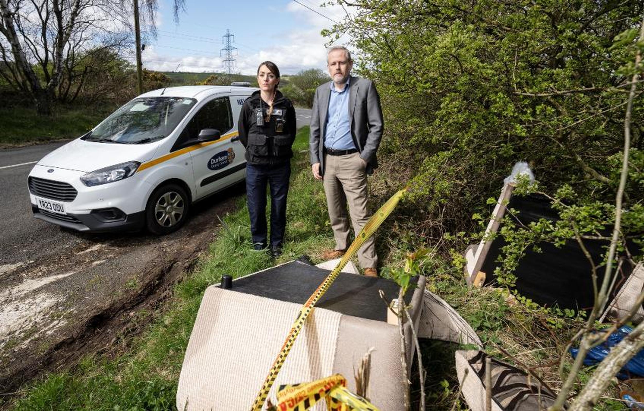 Cllr Mark Wilkes, Durham County Council`s cabinet member for neighbourhoods and climate change, is pictured with neighbourhood warden Claire Liddle at a fly-tip in the Esh area