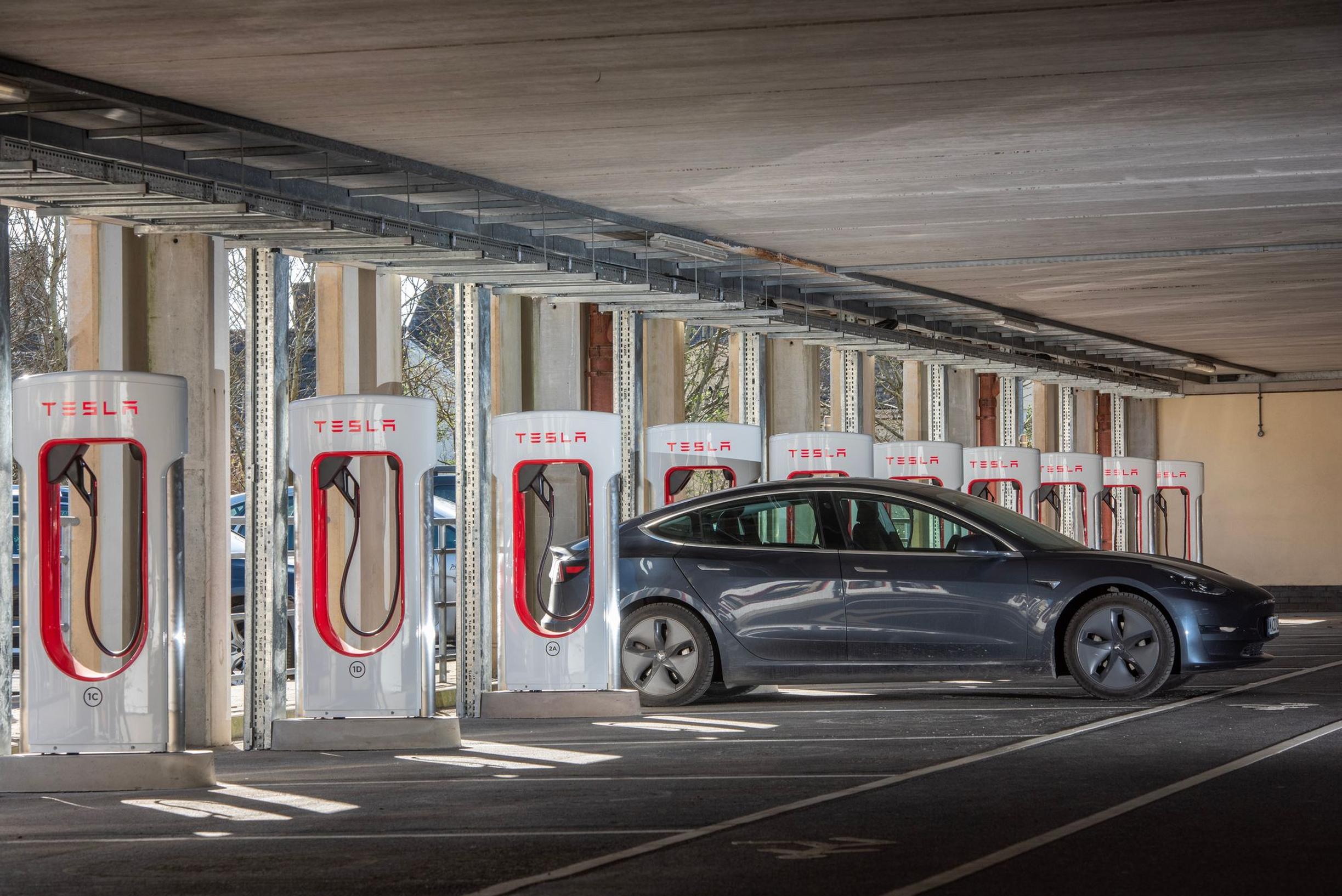 Tesla chargepoints at an APCOA mobility hub
