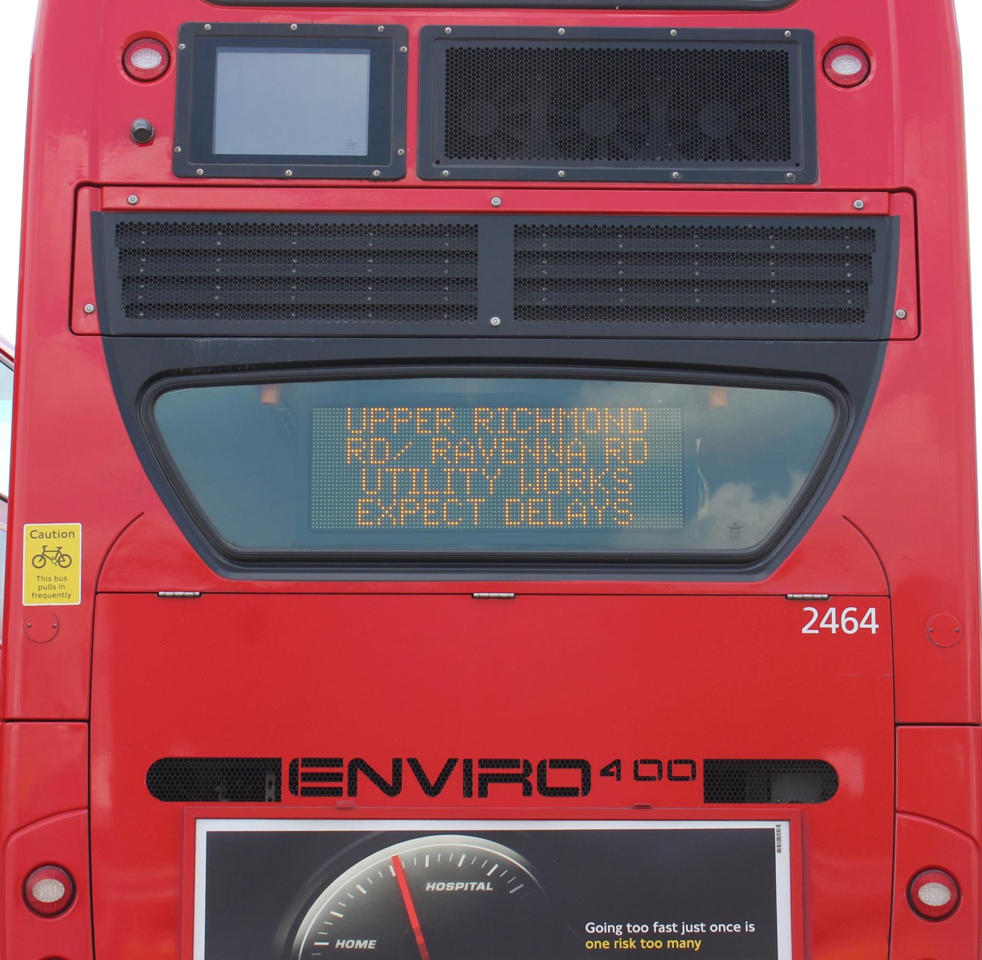 Real-time information is being displayed on the back of the 344 bus between Clapham Junction and Liverpool Street