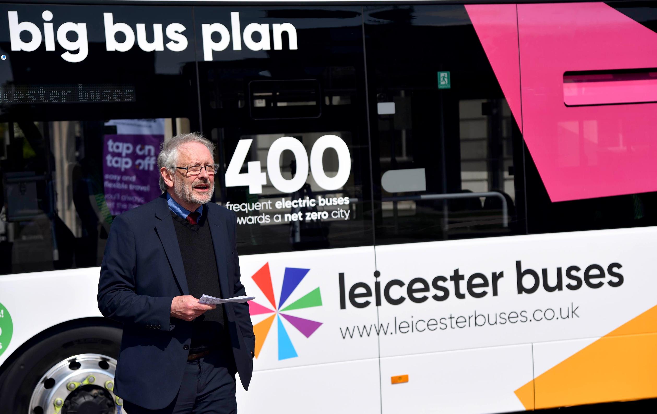 Leicester`s mayor Sir Peter Soulsby at the launch of the Leicester Bus Partnership