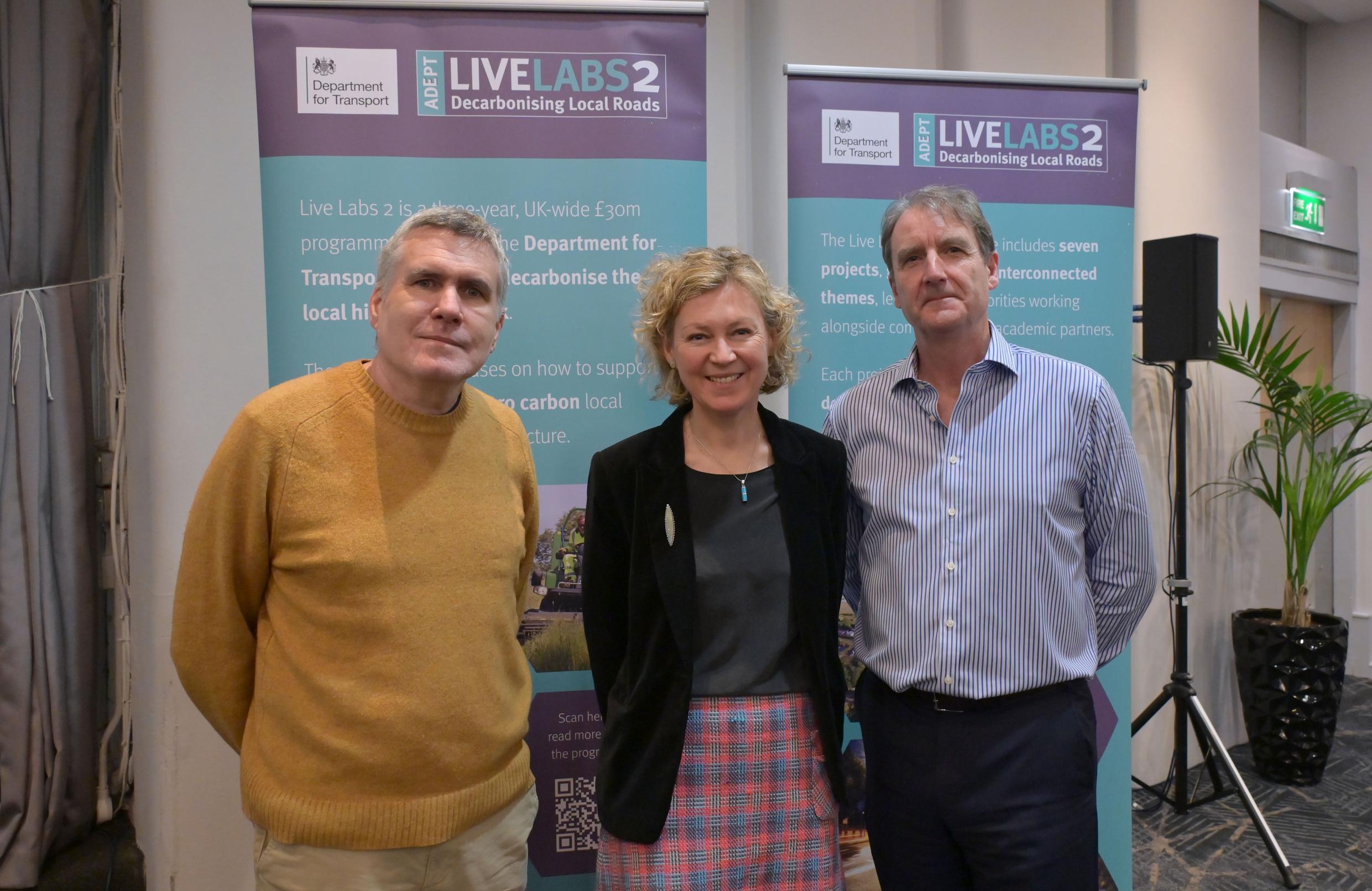 (from left) Giles Perkins, Programme Director for Live Labs 2, Hannah Bartram, Chief Executive Officer of ADEPT and Neil Gibson, Chair of the Live Labs 2 Commissioning Board