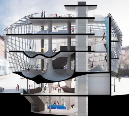 Cross-setion of Guy Hollaway Architects` design for the Folkestone skatepark