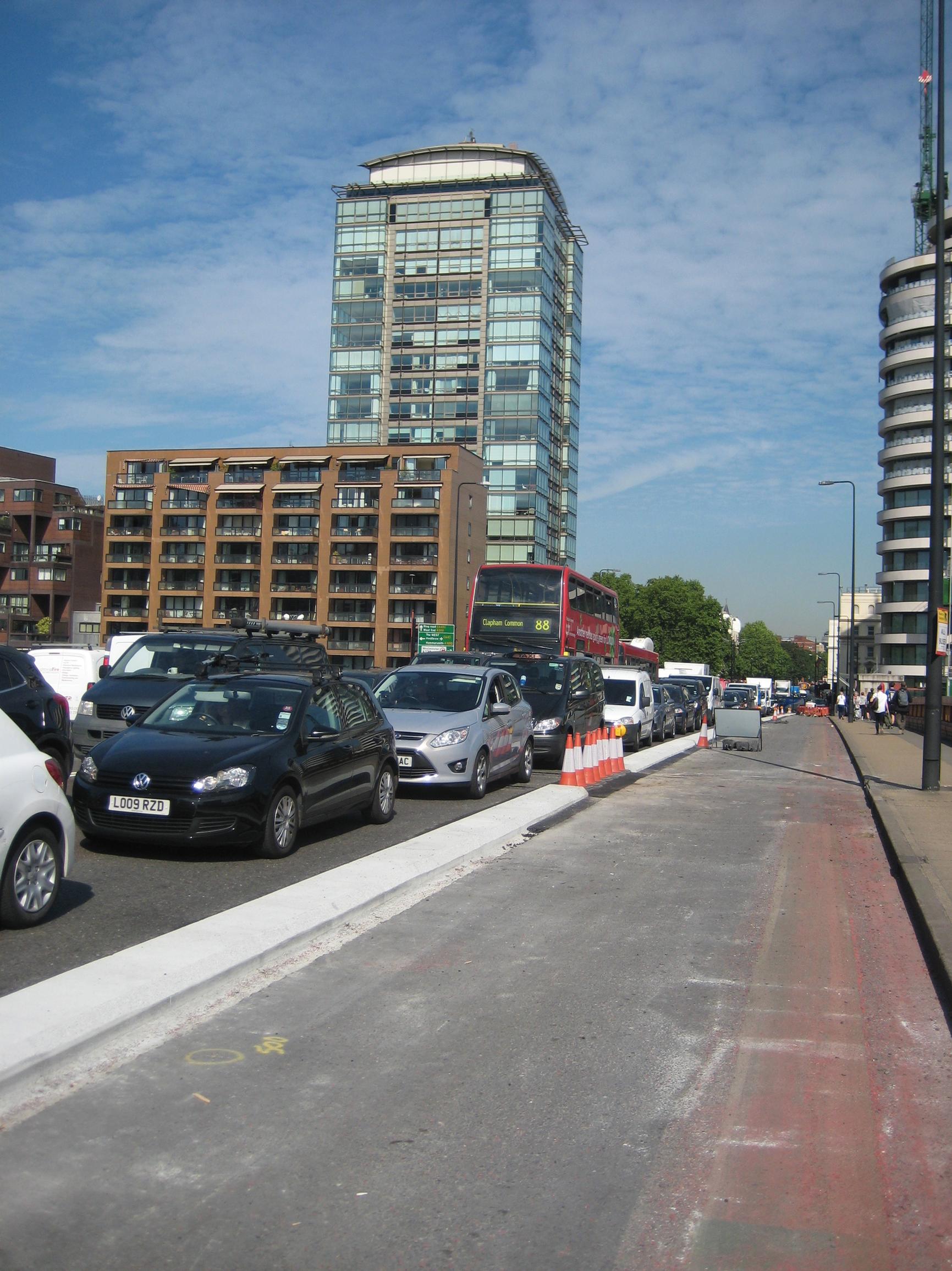 Congestion on Vauxhall bridge during construction of a cycle superhighway last summer