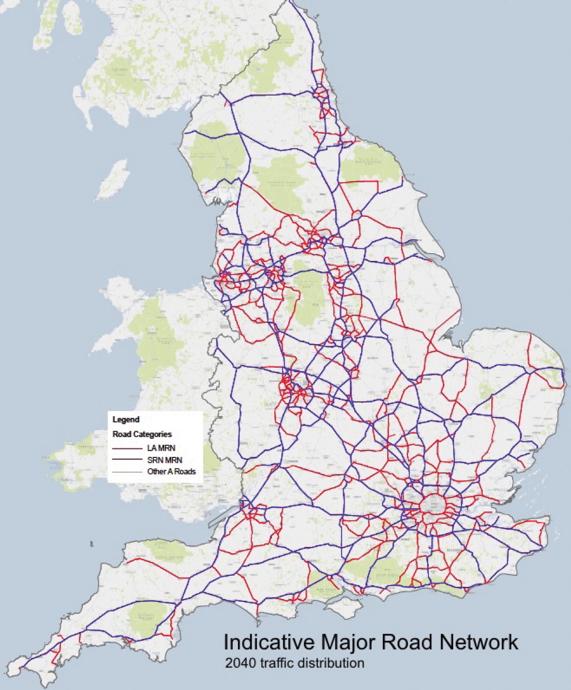 The Major Road Network would comprise Highway England’s network (blue) and some local authority roads (red)