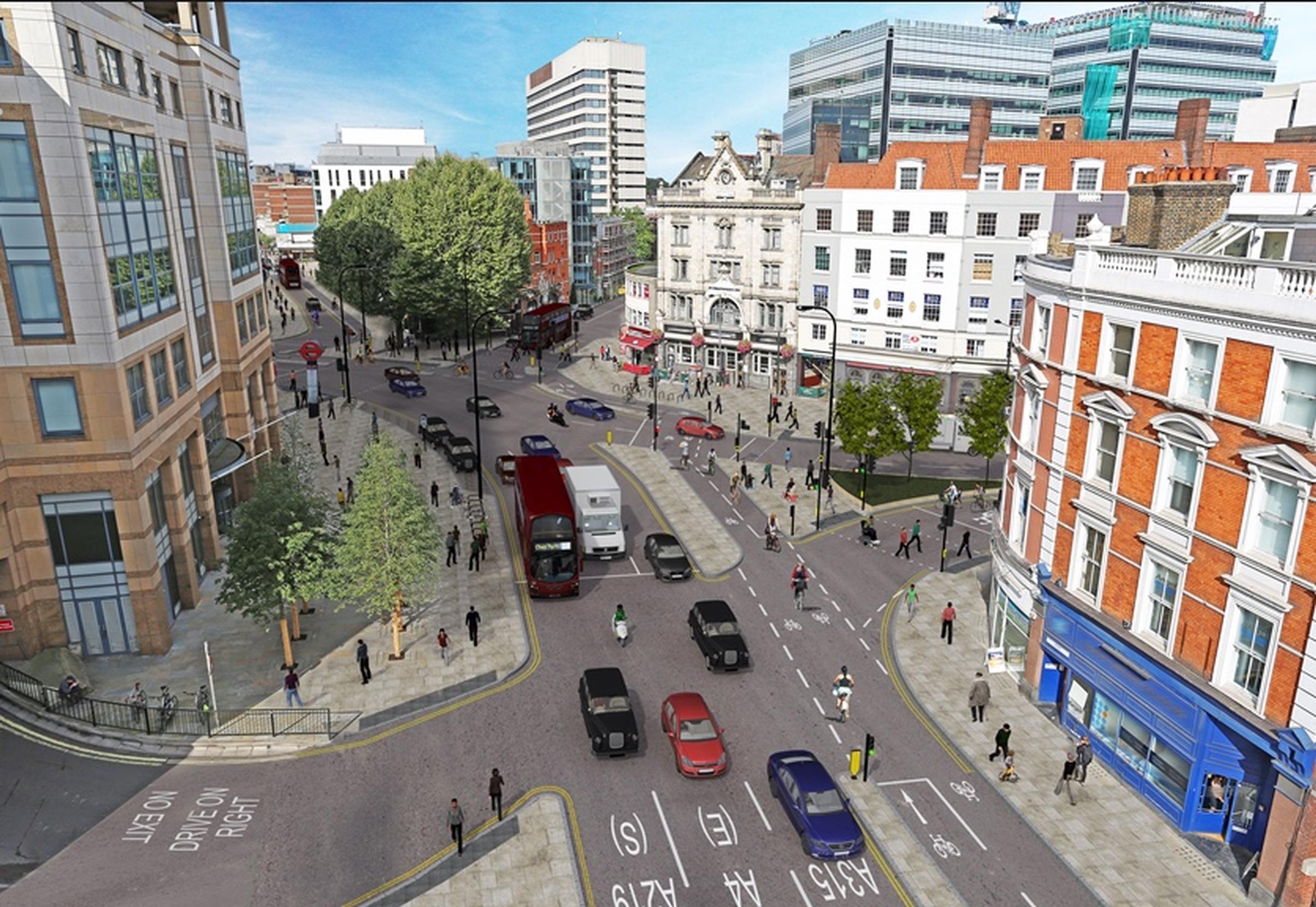 An artist`s impression of the proposals at the Hammersmith gyratory junction with Shepherd`s Bush Road (looking West)