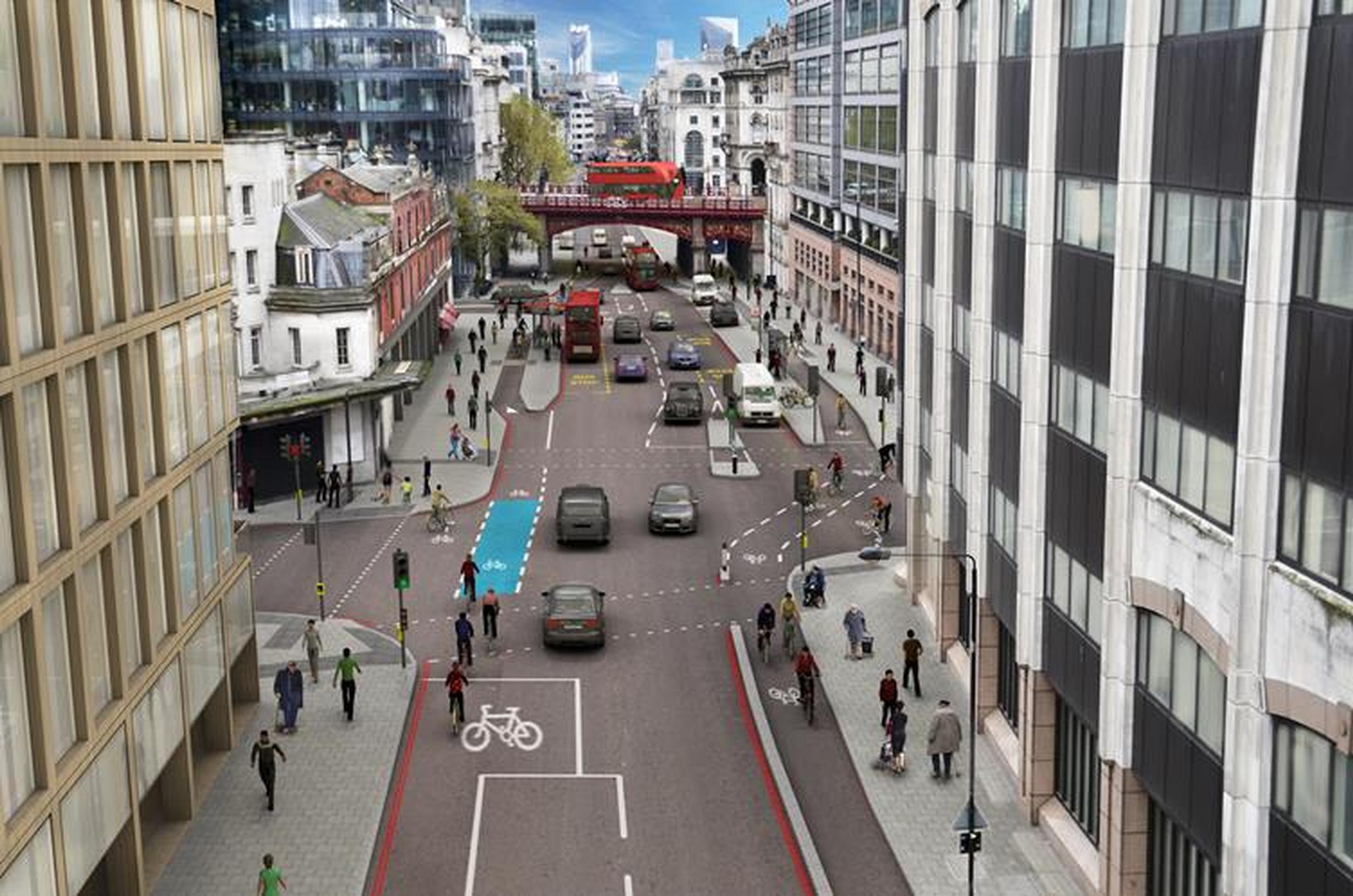 Artist`s impression of Cycle Superhighway 6 along Farringdon Street