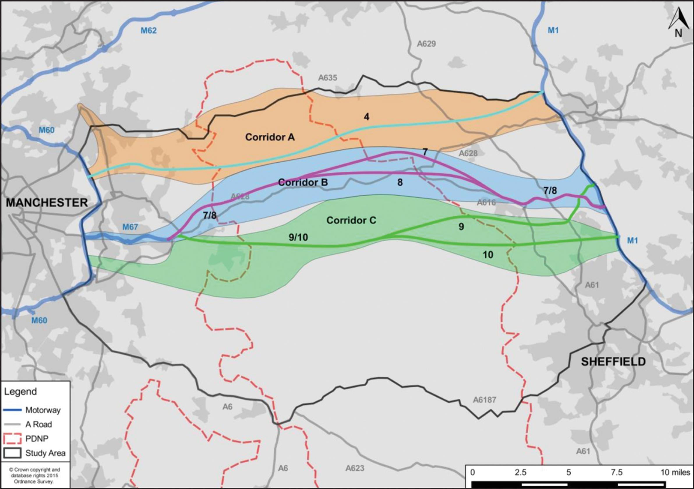 The five options for the new road lie in three corridors