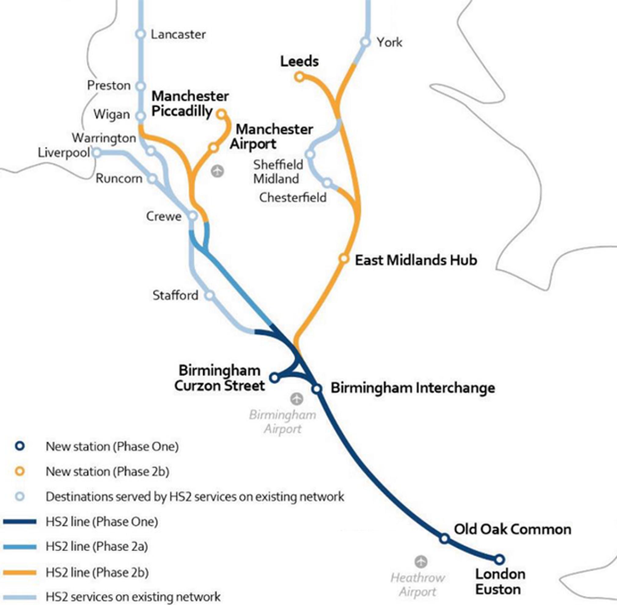 The government`s preferred route for Phase Two of HS2 from Crewe to Manchester and the West Midlands to Leeds.