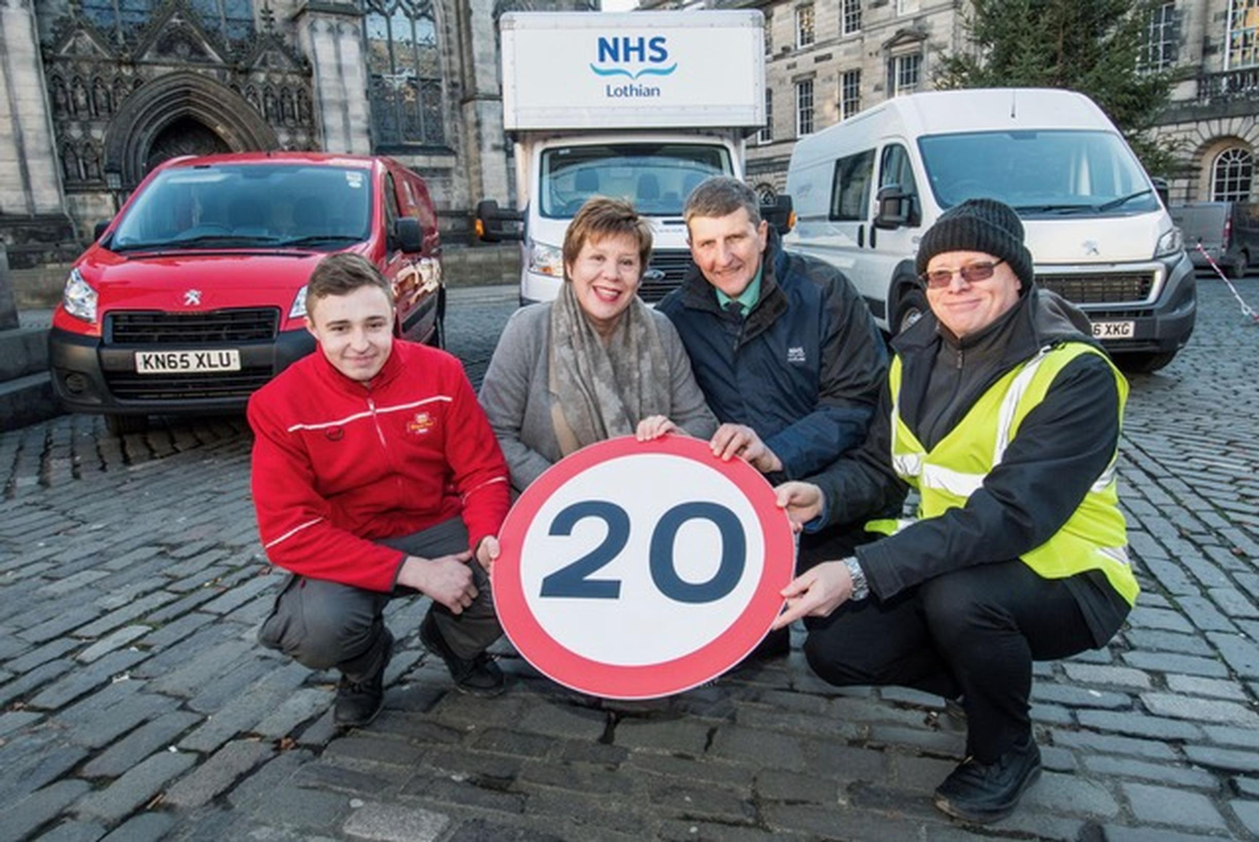 Cllr Lesley Hinds with Edinburgh council, Royal Mail and NHS employees showing their backing for the 20mph limit