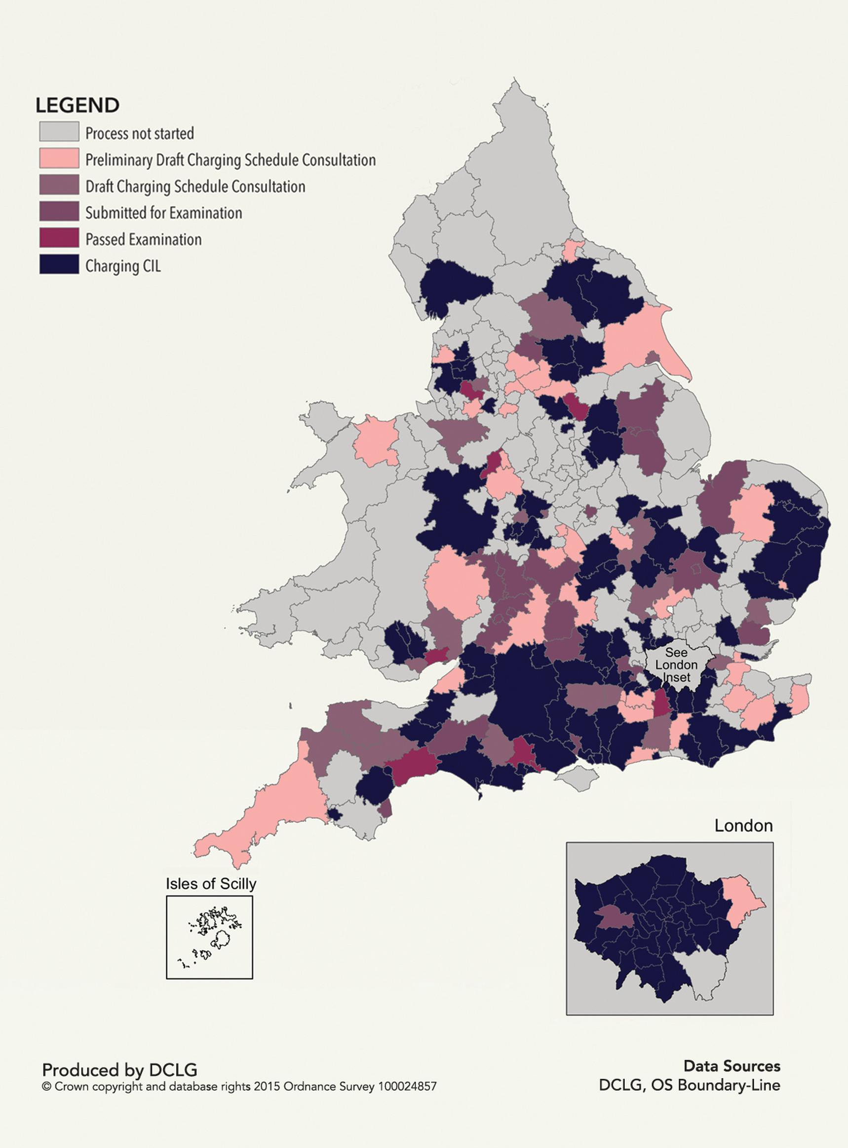 Within England, implementation of the Community Infrastructure Levy is concentrated in the South. Many authorities in the Midlands and North (grey areas) have no plans to implement the levy.
Source: CIL review team