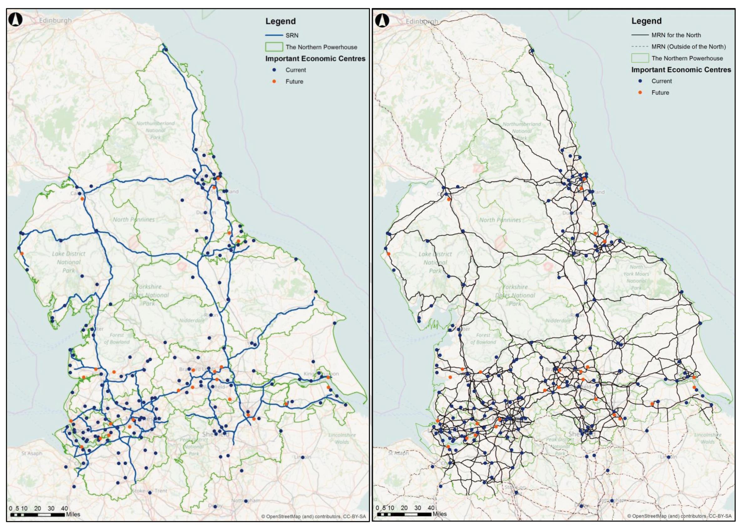 The north of England’s strategic road network of Highways England roads (left), and the proposed major road network (right), combining HE roads and the most important local roads