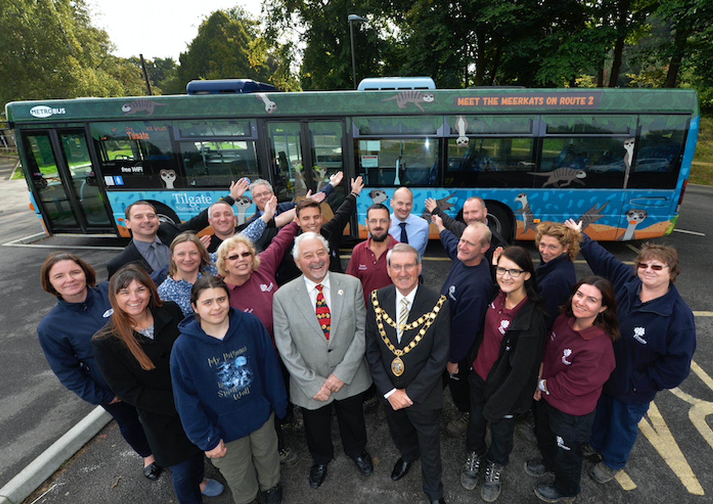 Crawley Cllr Chris Mullins and Mayor Brian Quinn with staff from Tilgate Nature Centre, Crawley Council and Metrobus