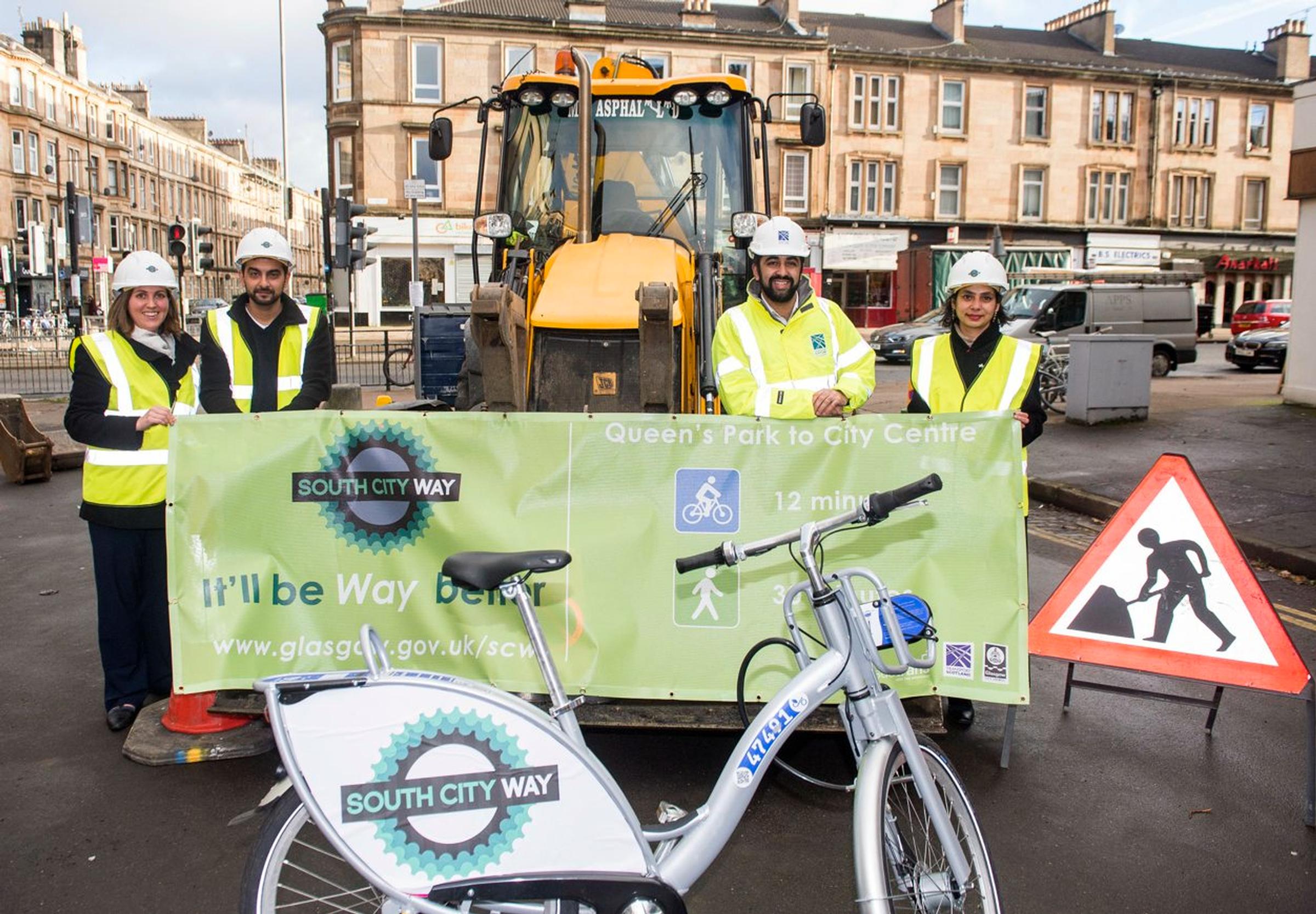 Anna Richardson, Shoaib Shafaatulla, Humza Yousaf and Daisy Narayanan at the launch of the South City Way