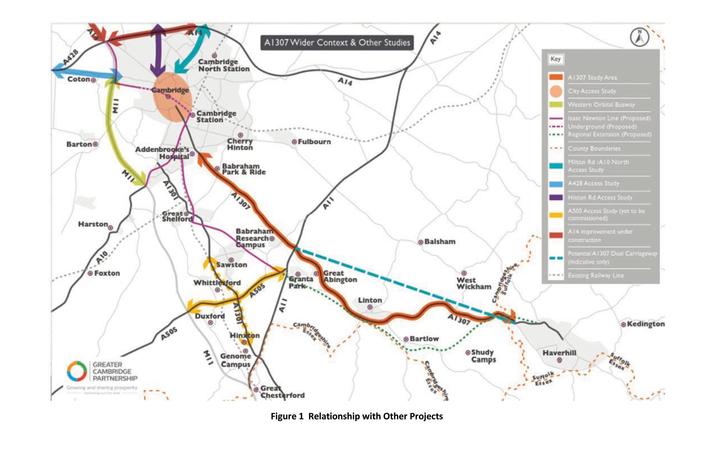 The map shows the A1307 corridor to Haverhill and its relation with other studies in the area. The dotted blue line is an indicative-only illustration of a possible dualling scheme between Haverhill and the A11