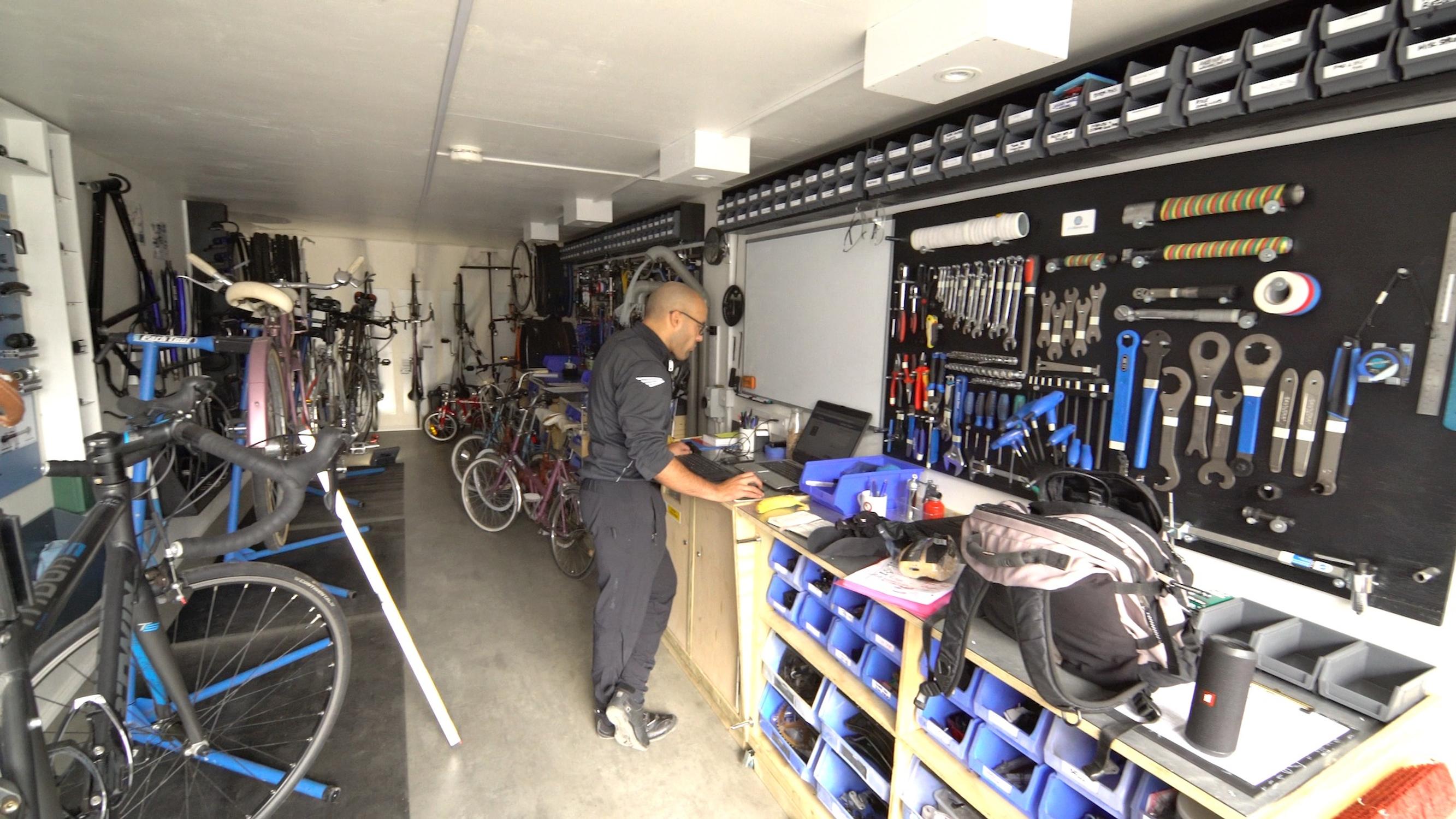 Lawrence Mohammed in the shipping container he converted into a workshop