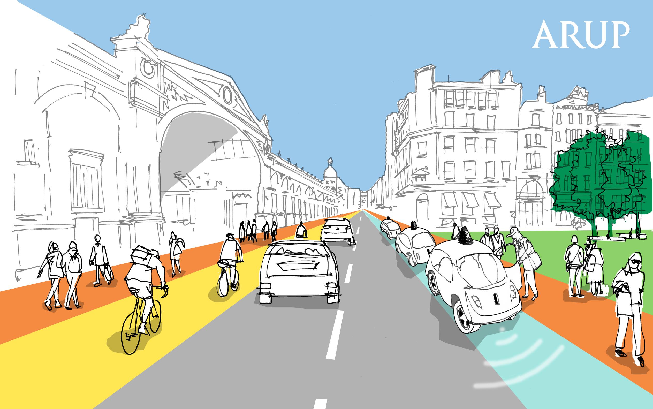 Arup’s FlexKerb initiative proposes that kerb usage could change to react to demand from pedestrians, cyclists and from CAVs throughout the course of the day, in order to maximise the capacity of the space for pedestrians, cyclists and vehicles – and also monitor air quality