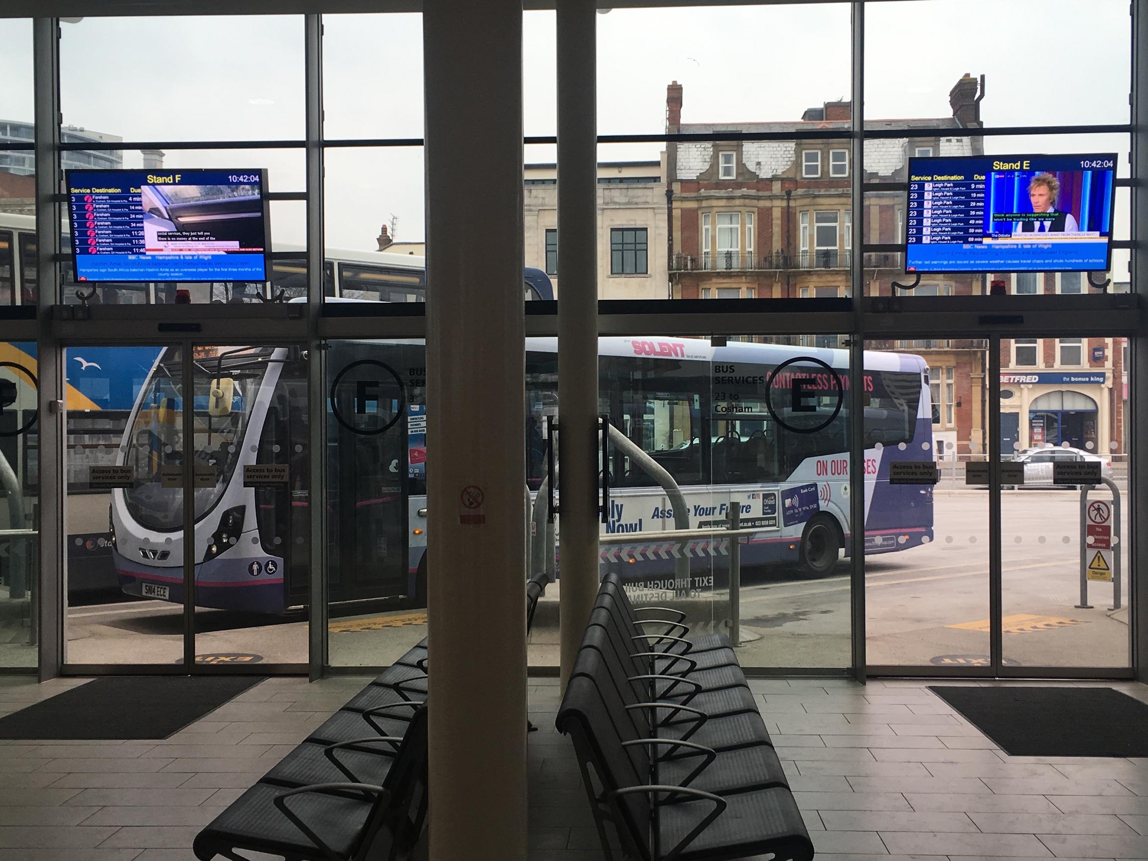 Cities across England are encouraging bus passengers with new facilities, wifi and USB charging on buses, and `real time` travel information, for example Porstmouth`s new bus interchange on The Hard