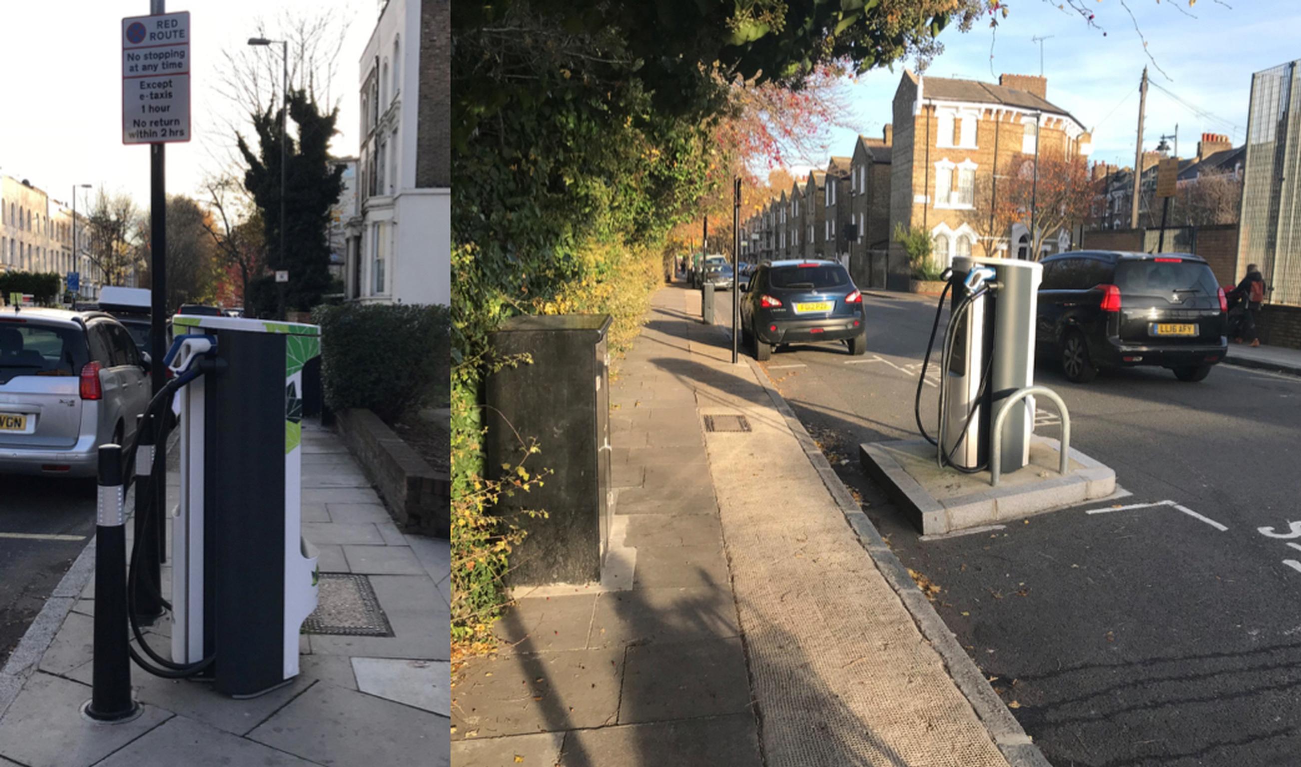 A footway blocked by an electric vehicle charger (left) and one placed on a kerbside build-out (right)