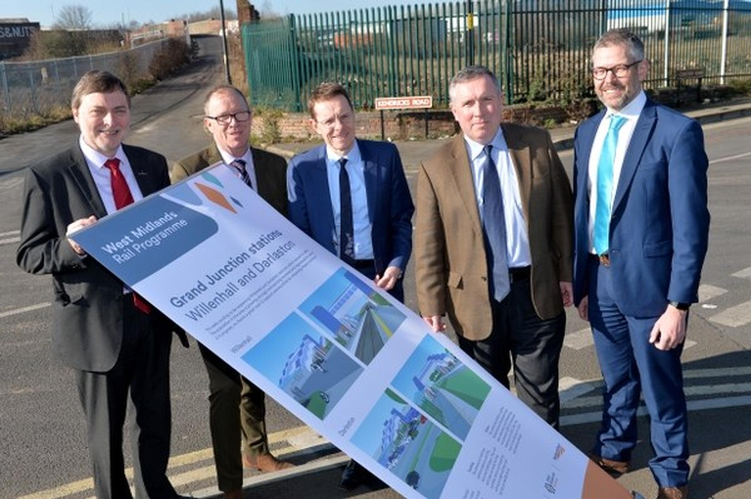 Mayor Andy Street, centre, unveiled the station plans yesterday alongside Councillor John Reynolds, Richard Brooks from Transport for West Midlands, Councillor Adrian Andrew and Malcolm Holmes, from the transport executive