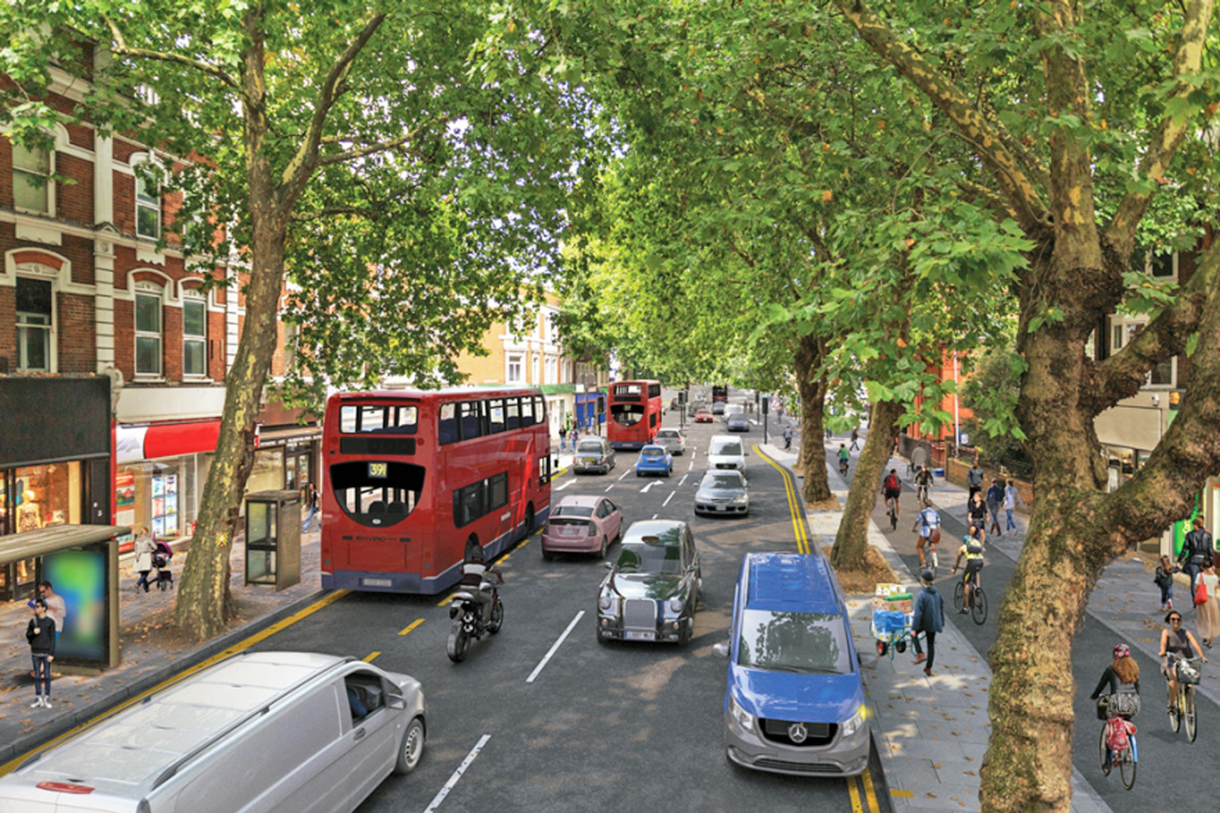 How Chiswick High Road will look with the proposed two-way cycle track on the south side