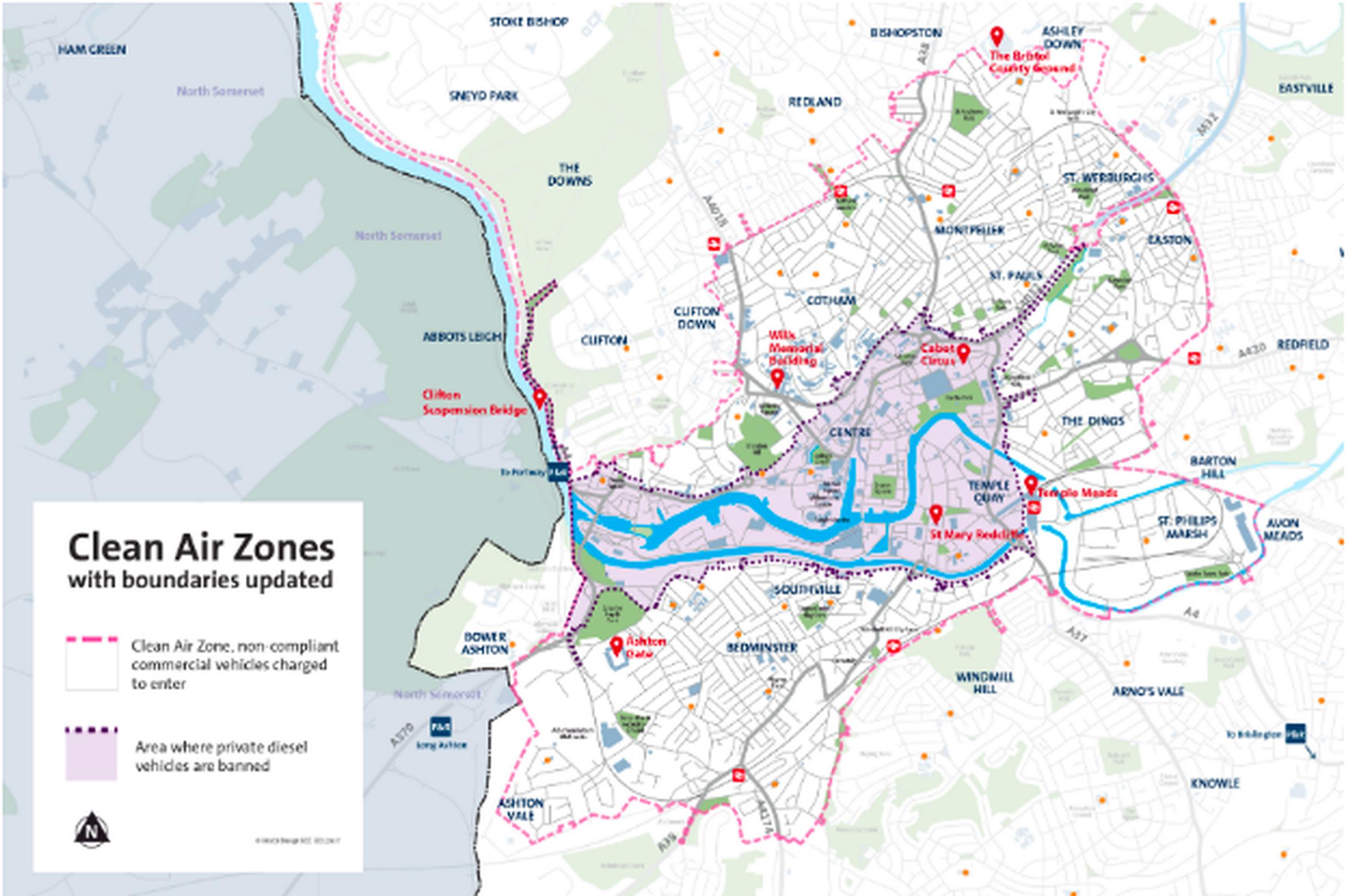The diesel ban area (pink, centre) and charging zone (bounded by pink dotted line) proposed by Bristol City Council under its Clean Air Zone plan. Source: Bristol City Council
