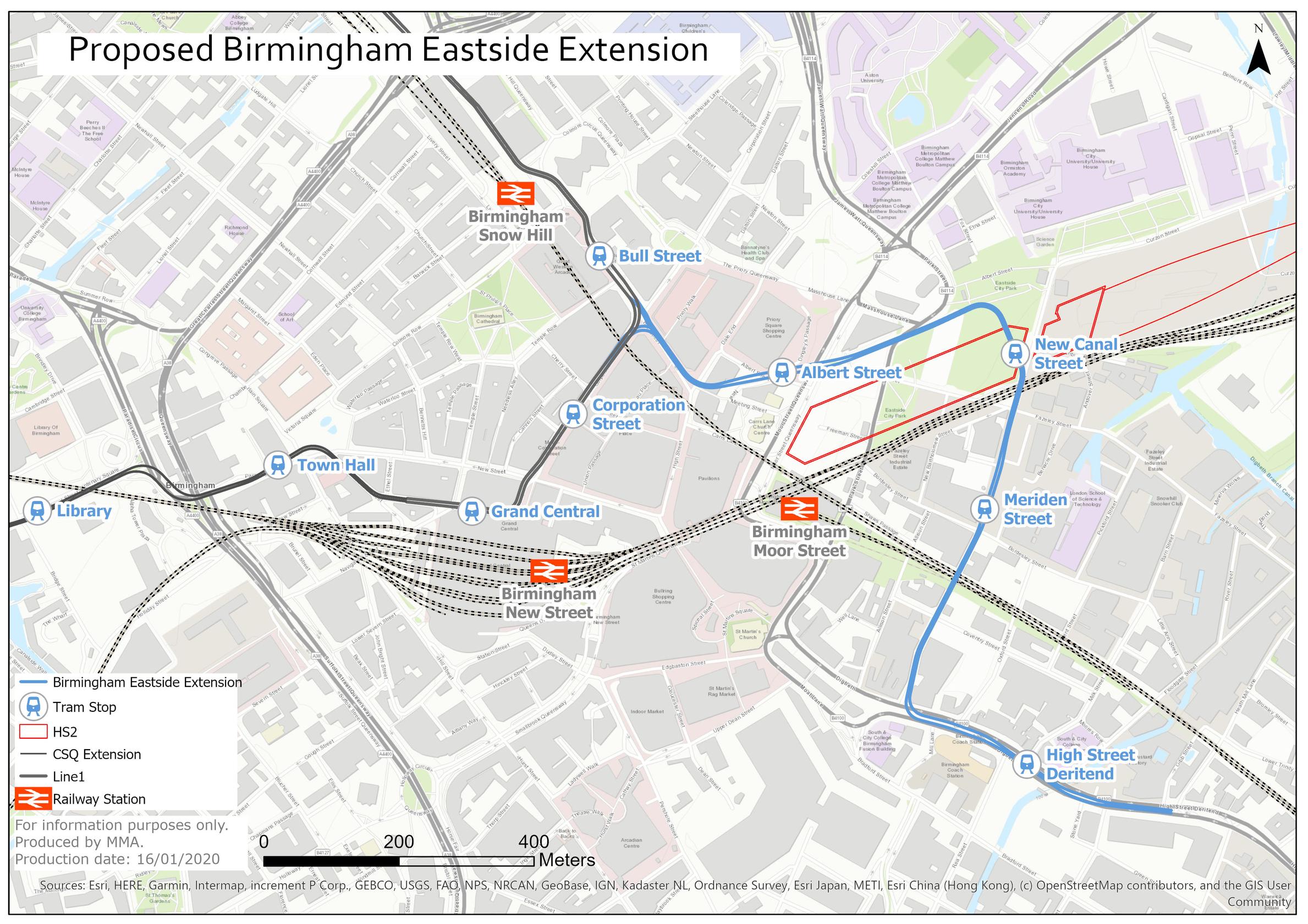 The Birmingham Eastside extension will run from the existing Metro line at Bull Street to High Street Deritend in Digbeth, via the proposed HS2 Curzon Street Station