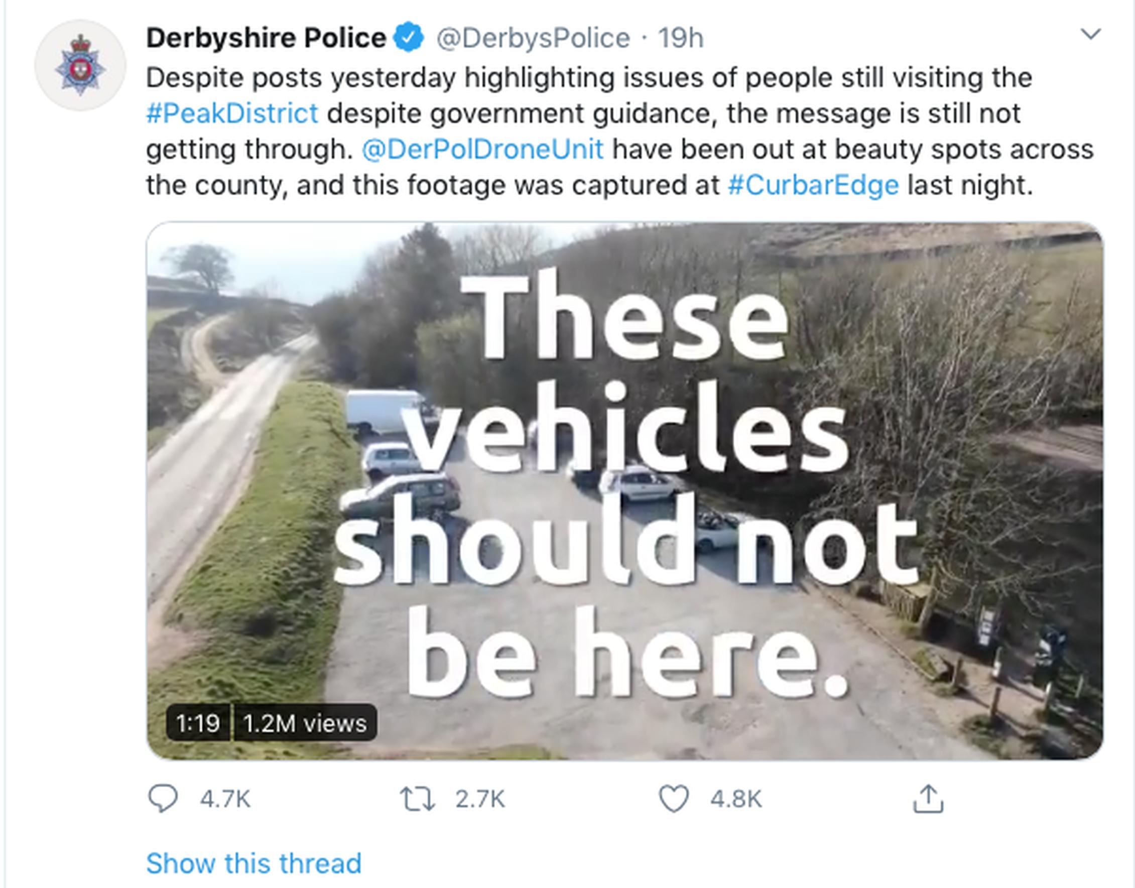 Derbyshire Police used Twitter to say vehicles should not be using a car park in Curbar Edge (Derbyshire Police)