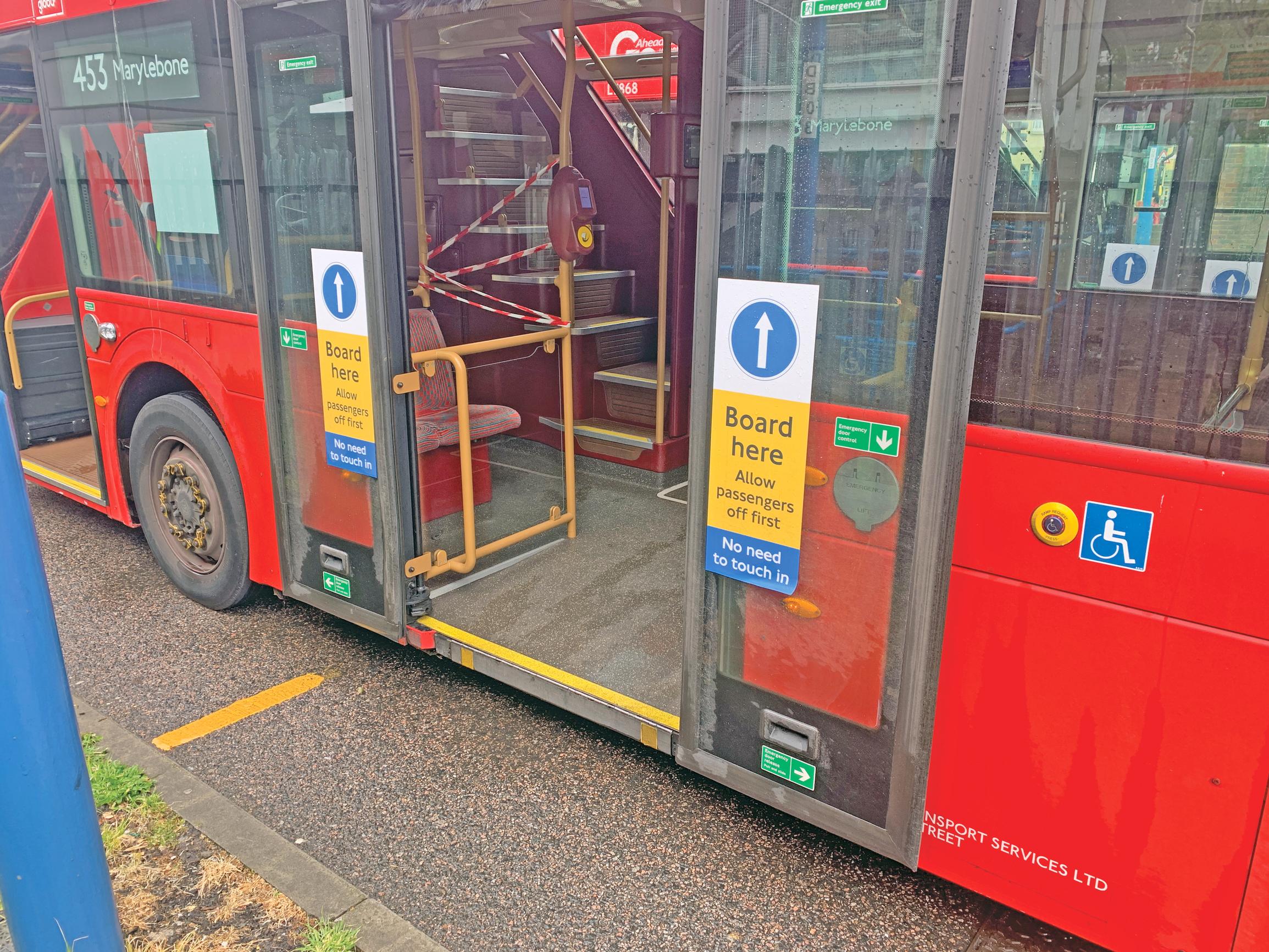 In London, buses can now only be boarded through the middle doors to reduce the risk of infection to drivers