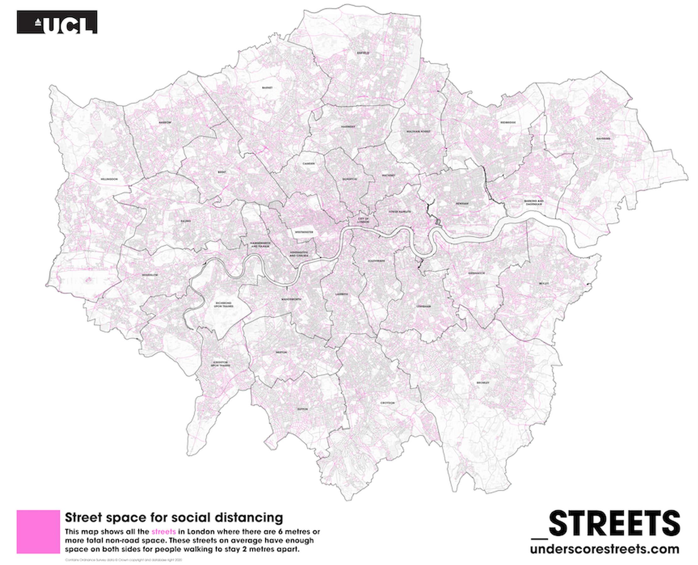 Street space for social distancing map, by _Streets (Contains Ordnance Survey Data. Crown copyright and database right 2020)