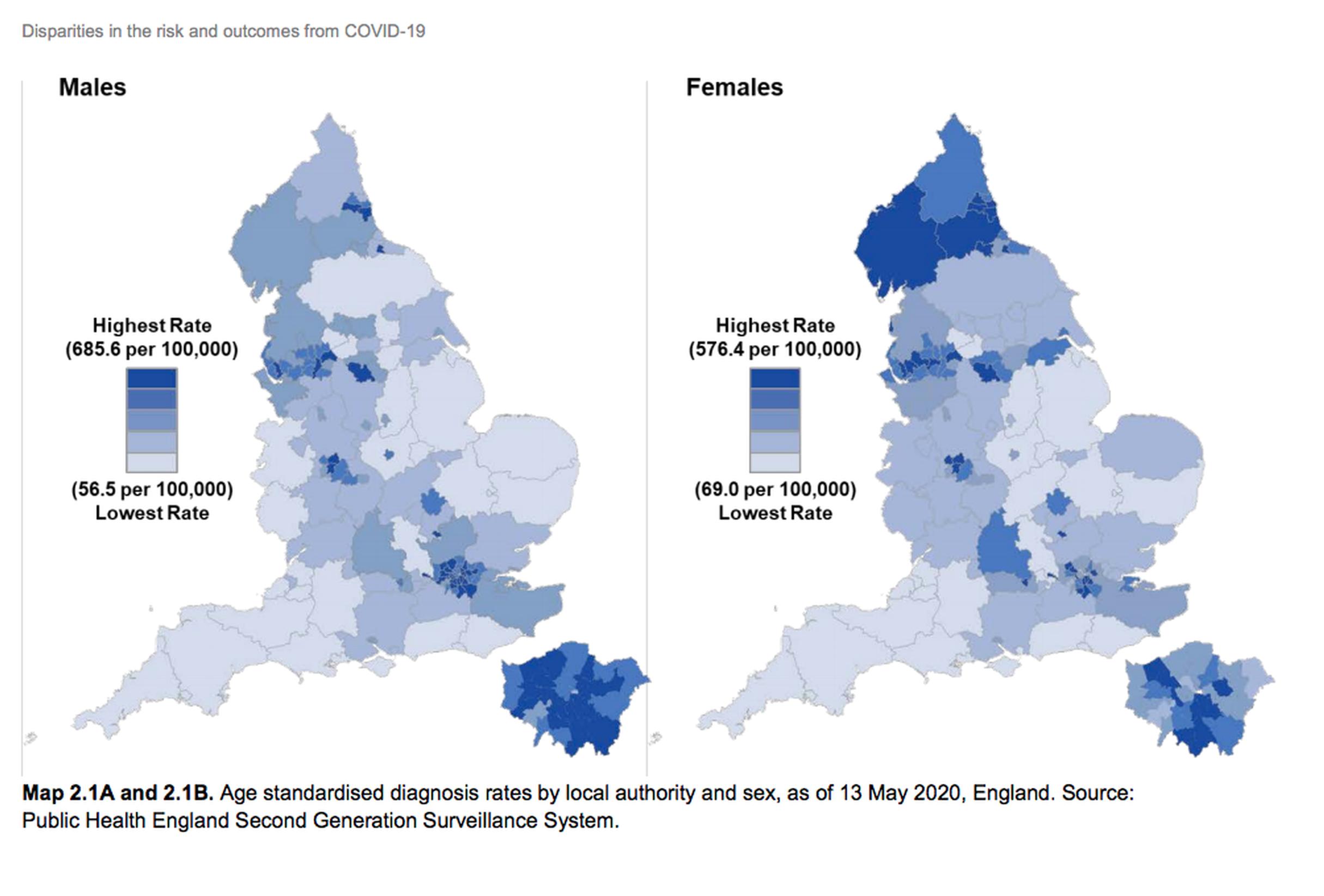 Age standardised COVID diagnosis rates by local authority and sex, as of 13 May 2020, England. Source: Public Health England Second Generation Surveillance System