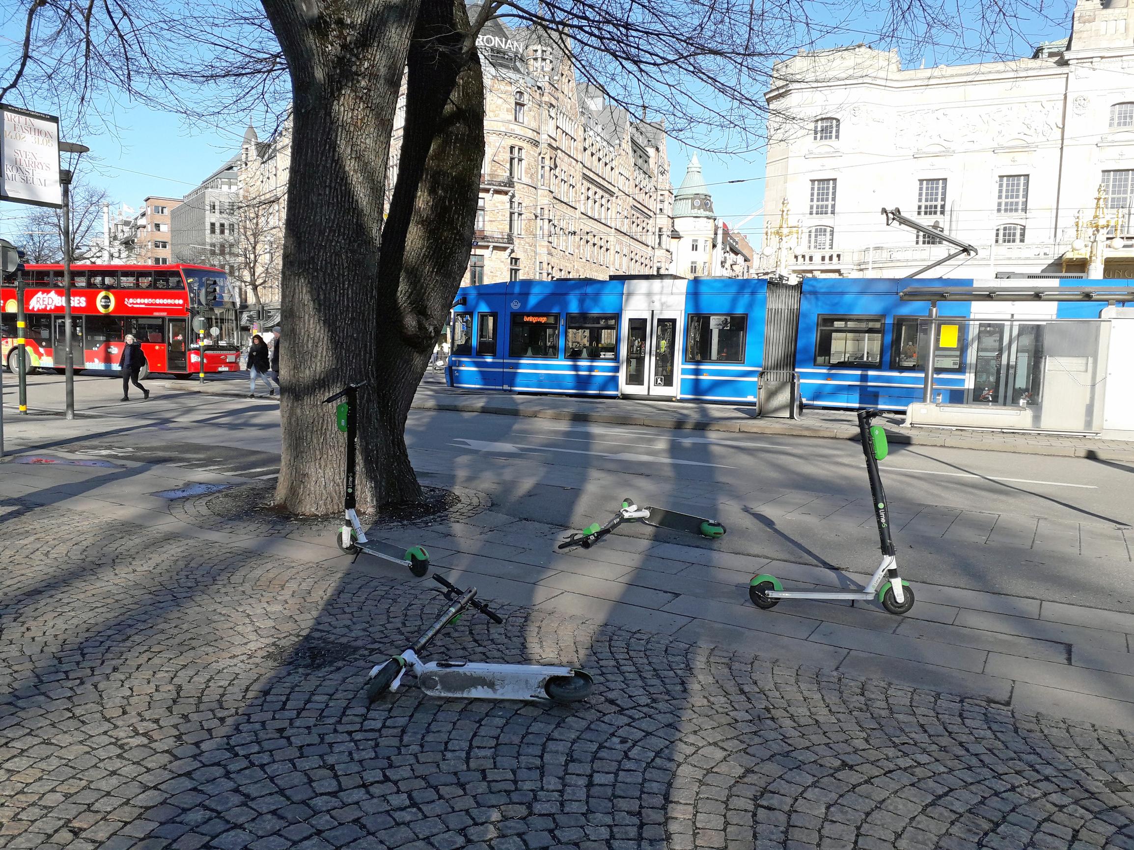 Rental e-scooters on a Stockholm street
