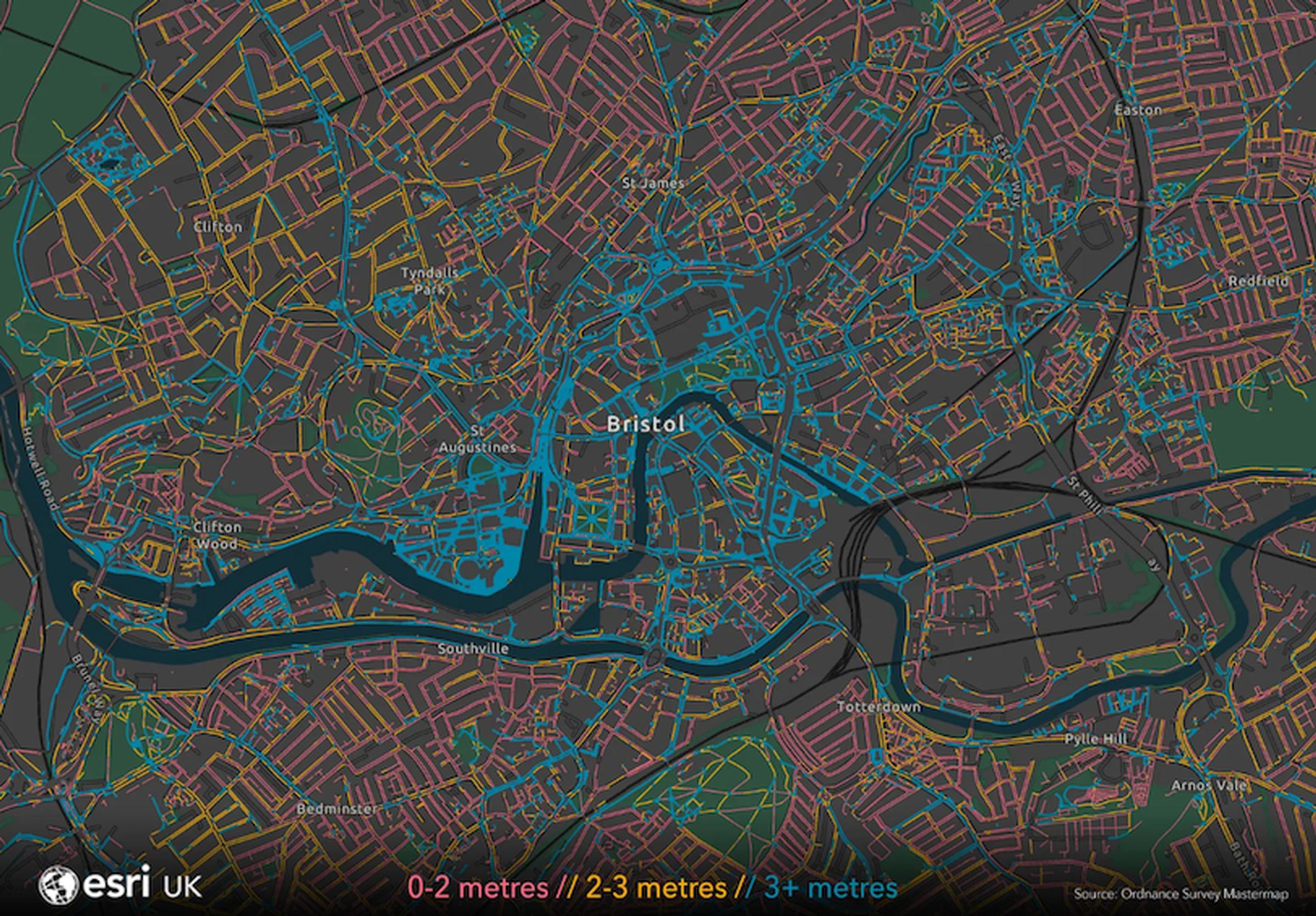 Esri UK`s map of pavement distances in Bristol