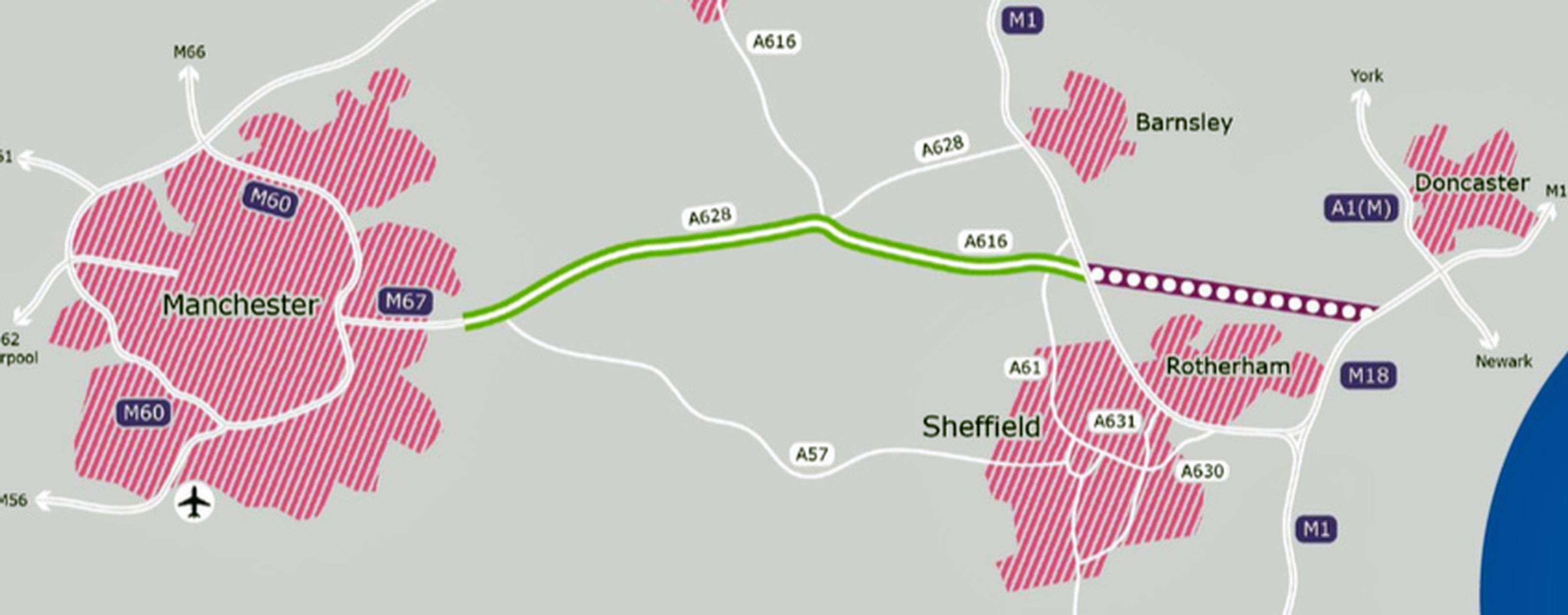 The A628 could form the core of a longer new route to the M18