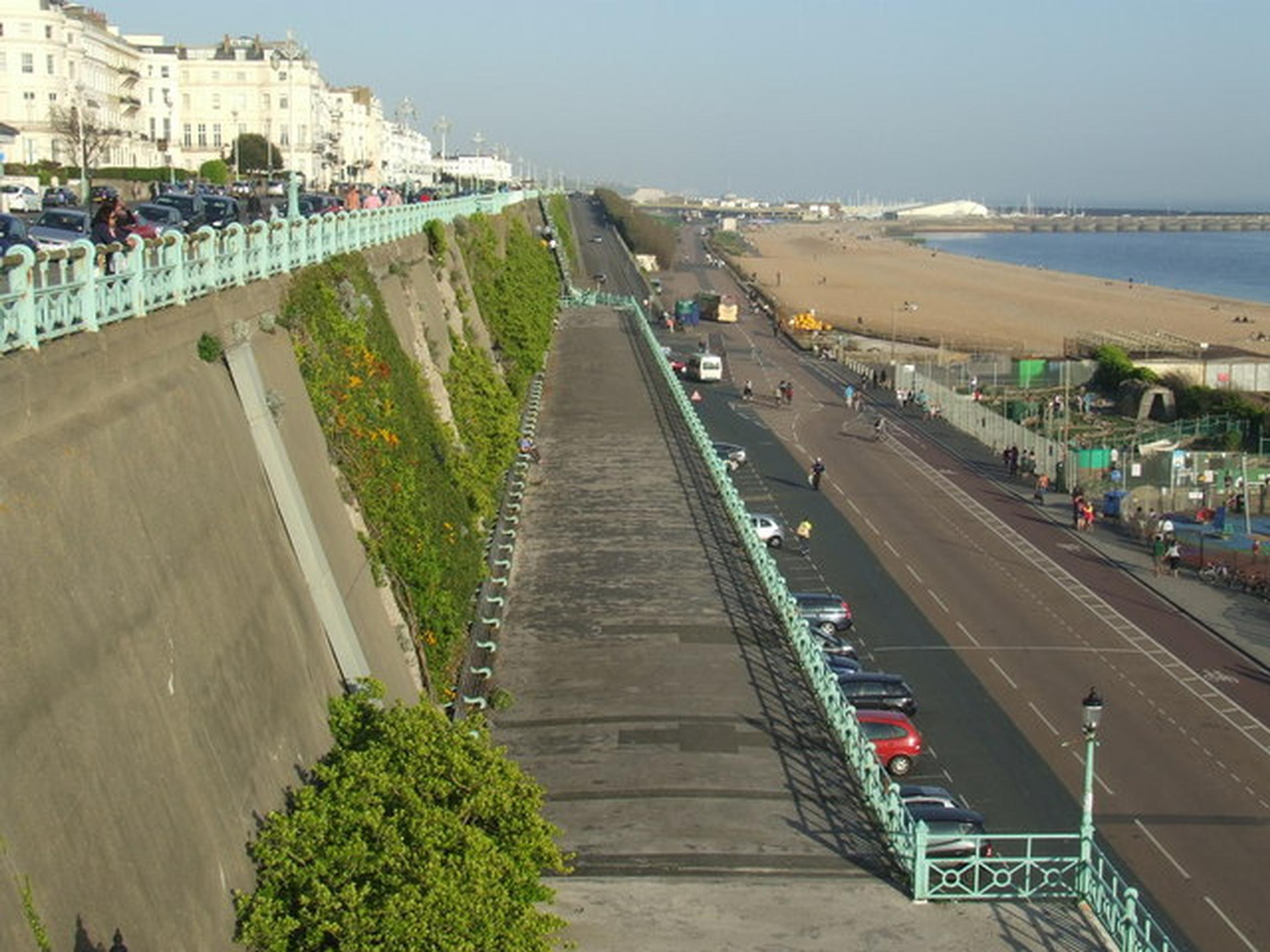 Left: The closure of Madeira Drive to vehicles was one of the first measures taken by any council to assist pedestrians and cyclists at the height of the lockdown. 
Right: Queueing traffic beside the Old Shoreham Road cycle lane