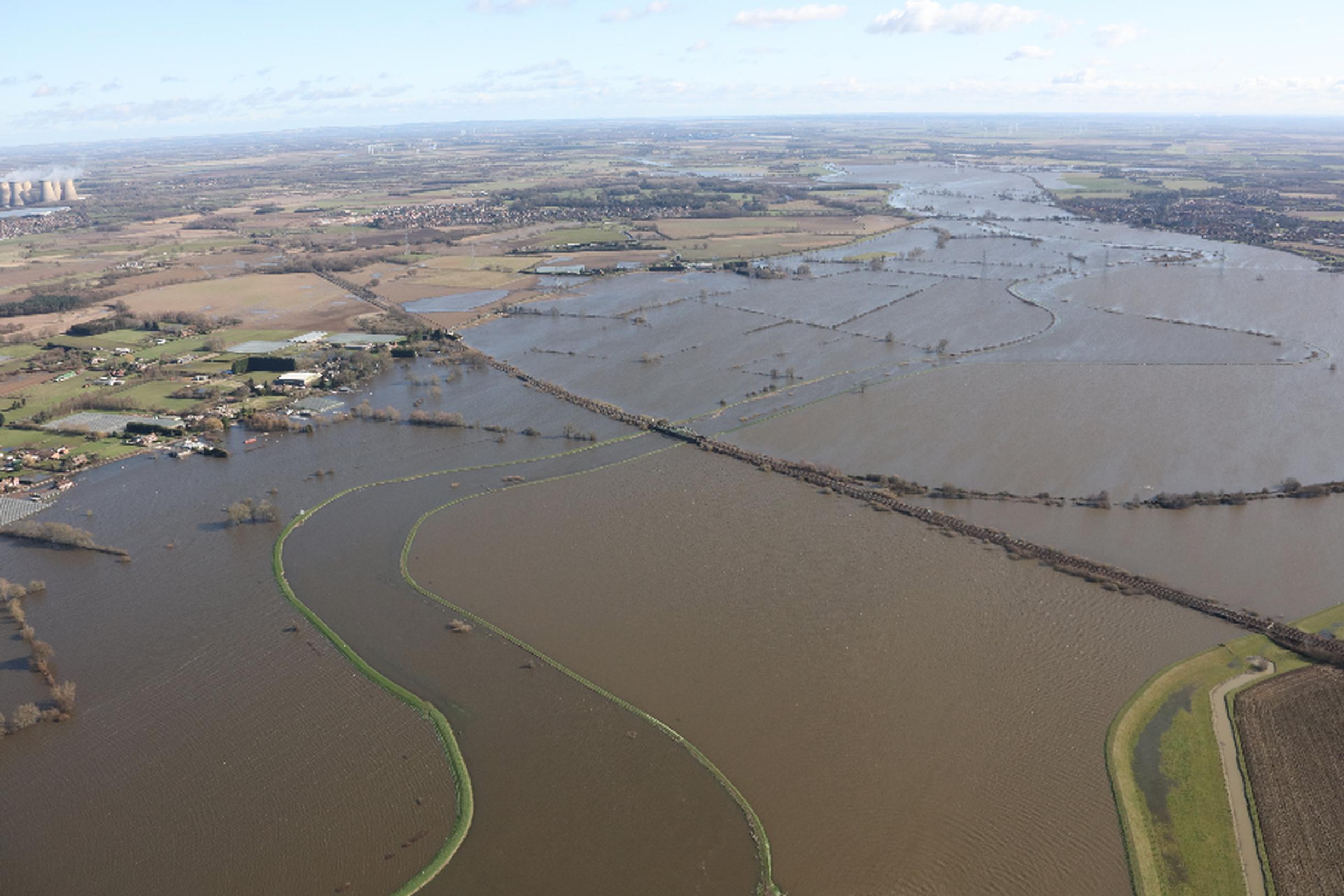 Rail line flooded near the Drax power station in North Yorkshire