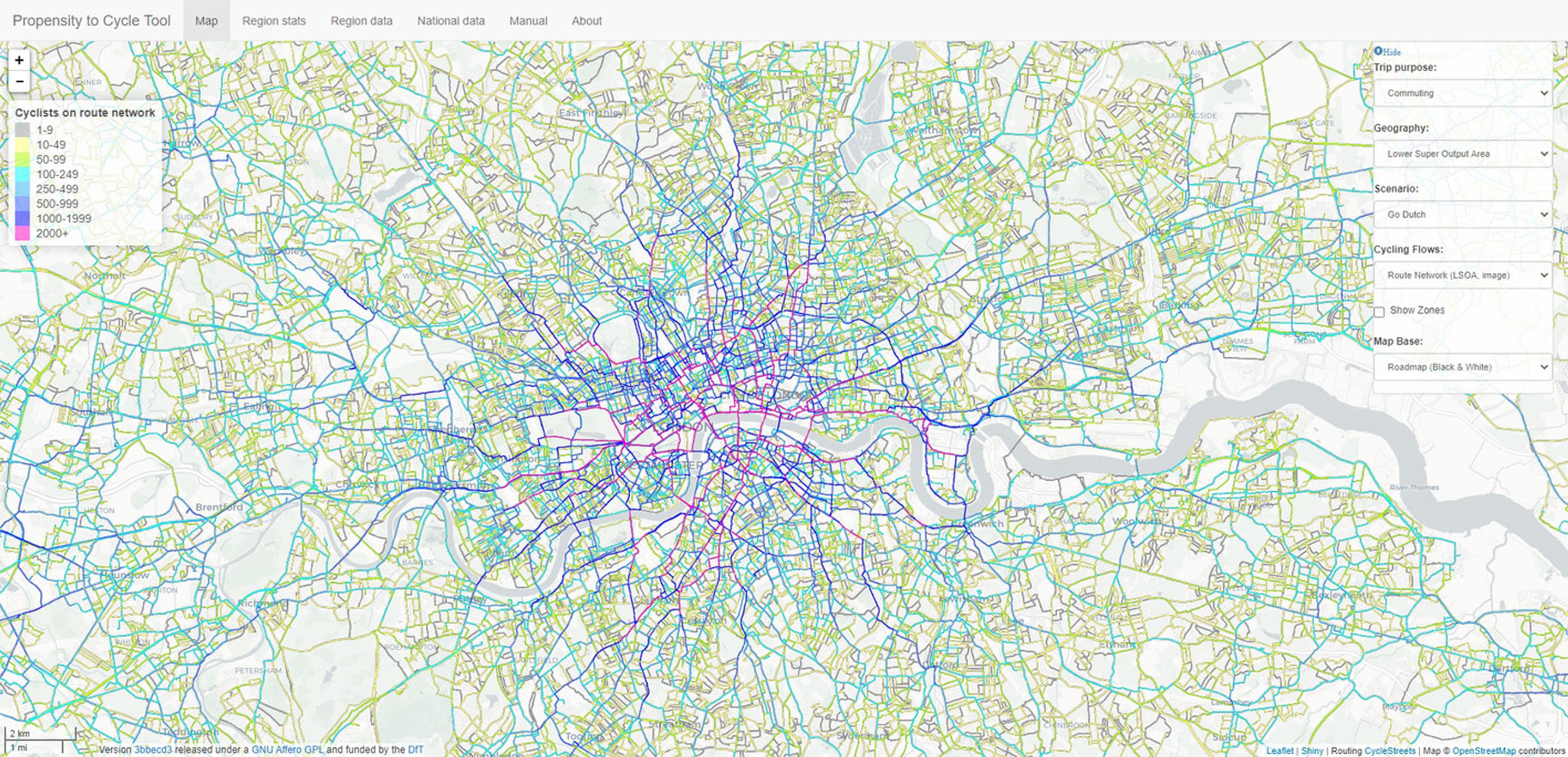 Figure 2: Cycling potential for trips to work in London under the ‘Go Dutch’ scenario. Source: Propensity to Cycle Tool