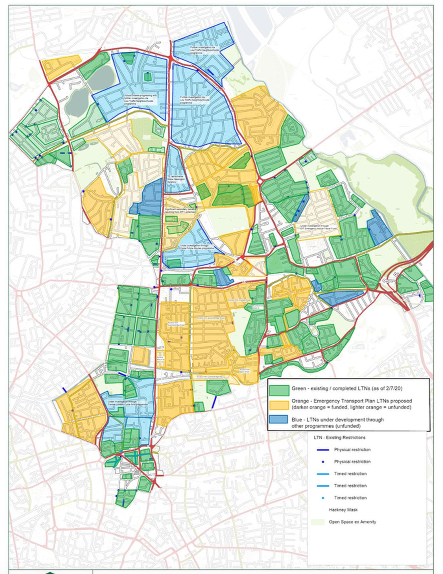 Hackney’s low traffic neighbourhoods. Green: implemented, orange/blue: proposed/under development