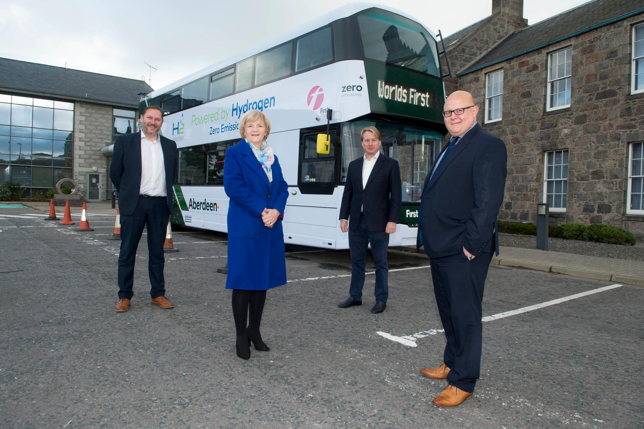 Left to right: Aberdeen City Council co-leaders Douglas Lumsden and Jenny Laing, Bamford Bus Company owner and executive chairman Jo Bamford, and First Aberdeen’s operations director David Phillips