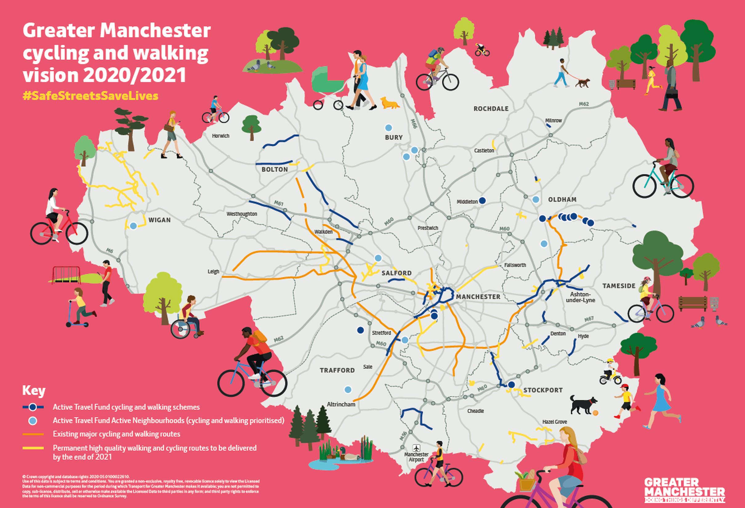 A new map showcasing the Greater Manchester city-region’s 12-month priority cycling and walking schemes. This includes the Active Travel Fund walking and cycling routes, as well as the Bee Network routes and active neighbourhoods that will be delivered by December 2021.