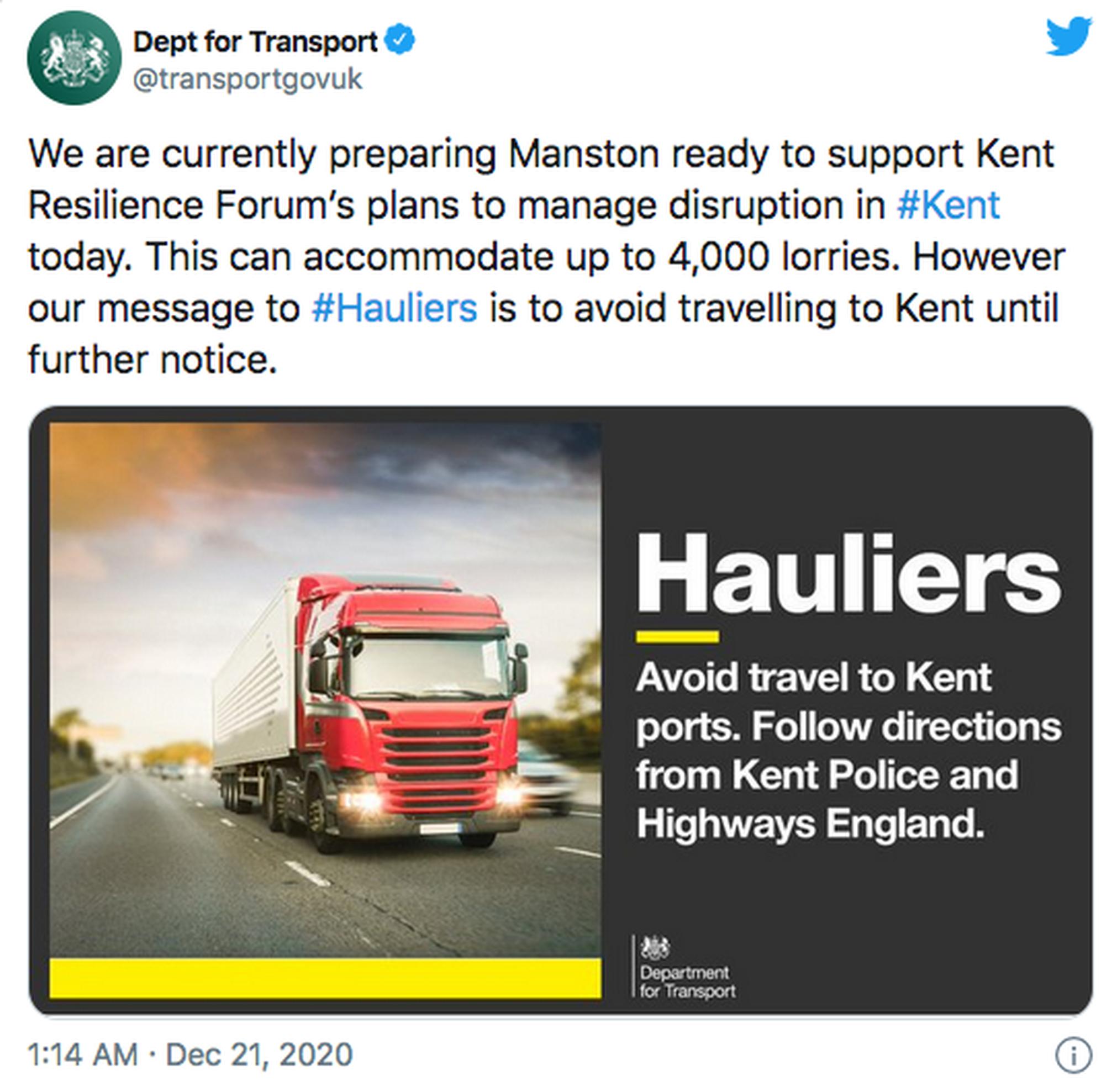 The DfT is using social media to alert HGV drivers to the latest developments regarding travel and parking options in Kent