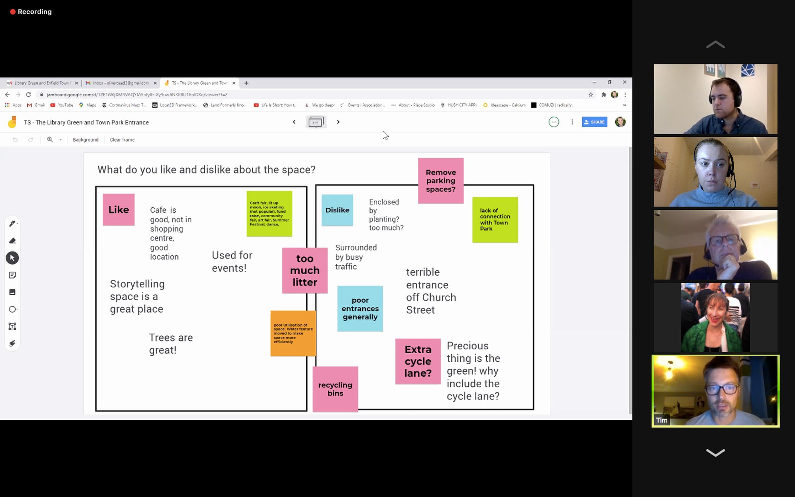 Enfield Council ran online breakout sessions during Liveable Neighbourhood workshops, where groups were split into tables with a facilitator to share ideas