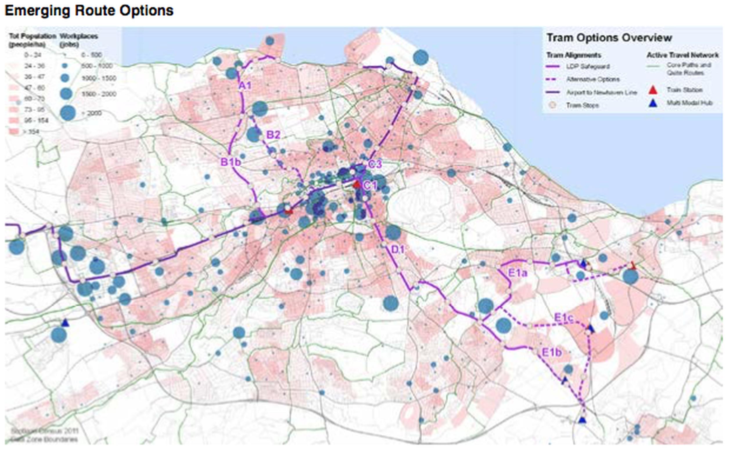 The tram routes under investigation. Source: The City of Edinburgh Council