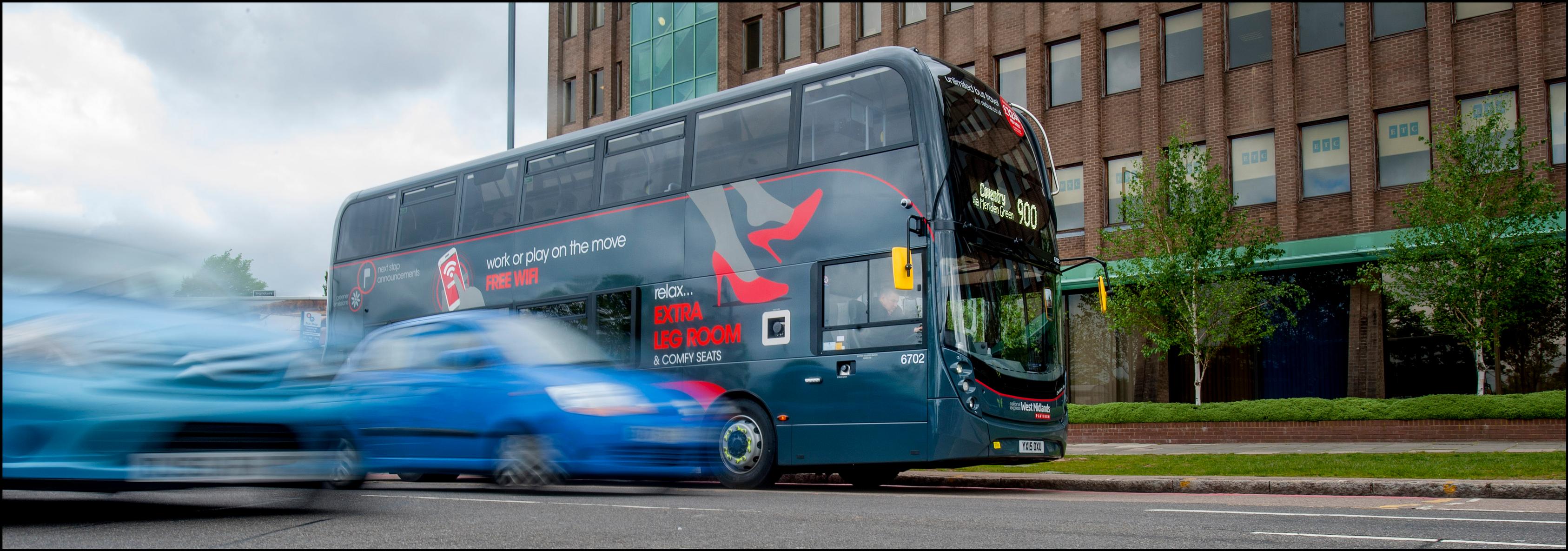 A National Express West Midlands ‘Platinum’ bus service in Birmingham. The operator is part of the West Midlands Bus Alliance