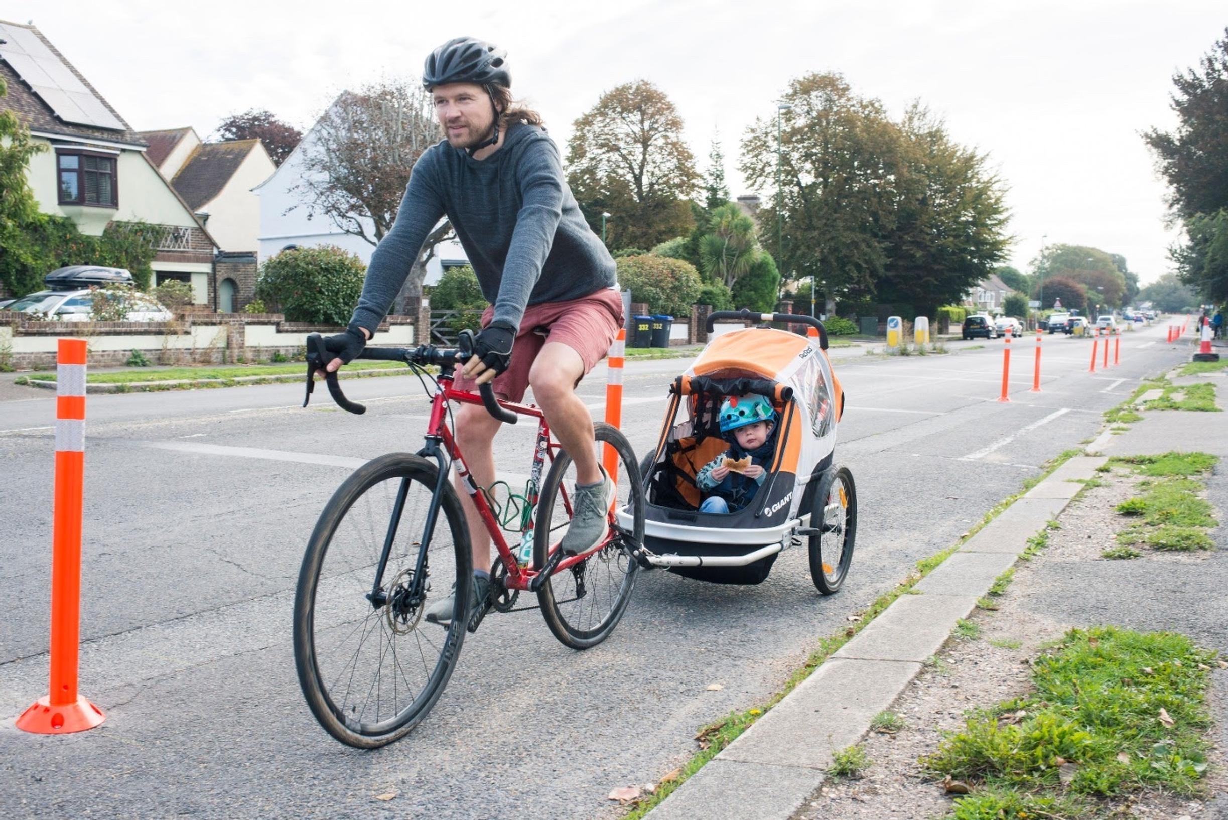 The pop-up cycle lane on Upper Shoreham Rd 
was popular with parents and children attending schools and nurseries, says Cycling UK. Pic: Shoreham-By-Cycle