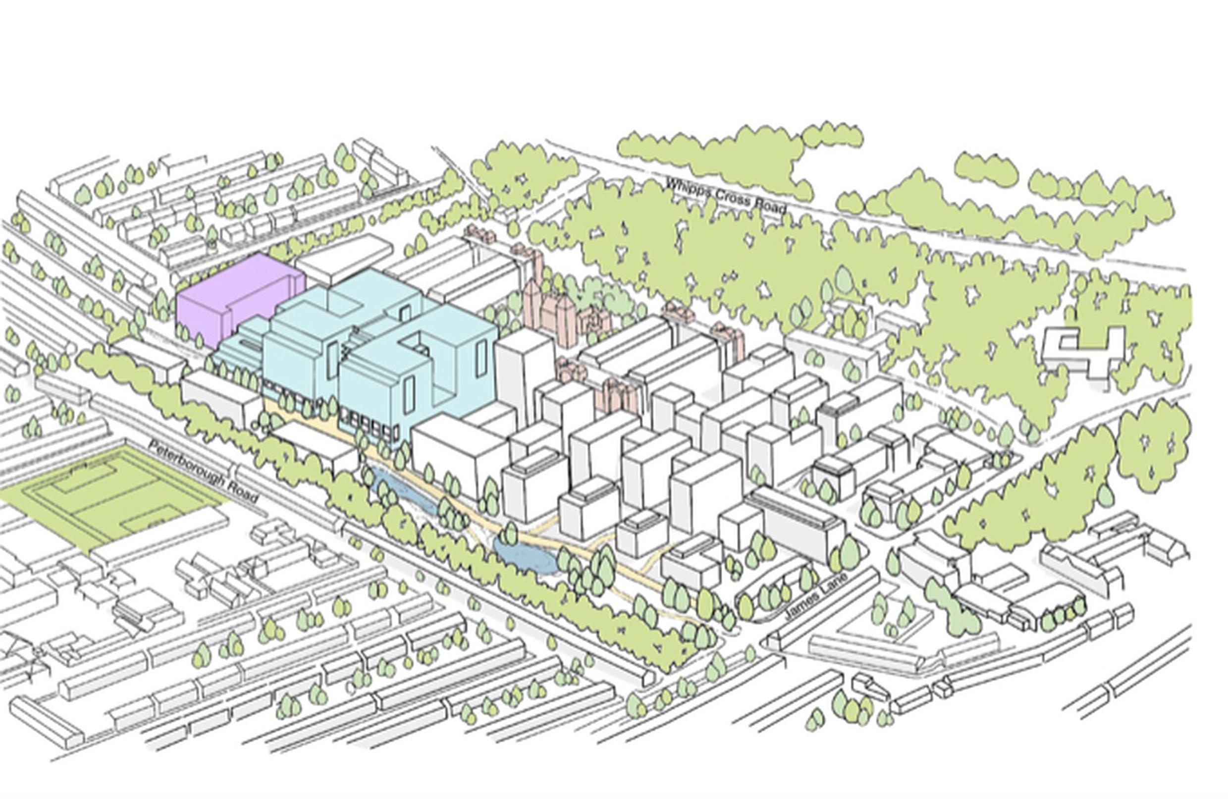 The updated proposals for Whipps Cross. The hospital is shaded in blue and the new multi-storey car park is shaded in purple.