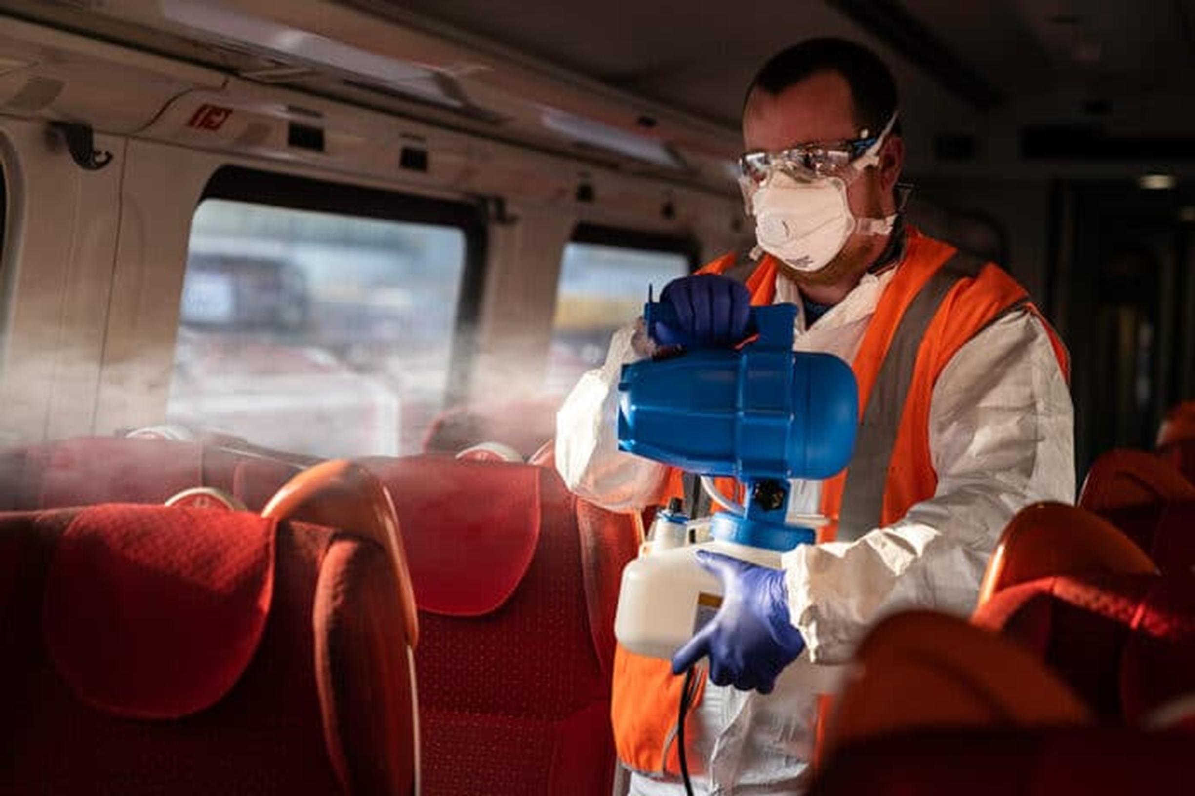 Disinfectant ogging equipment in use (East Midlands Railway)