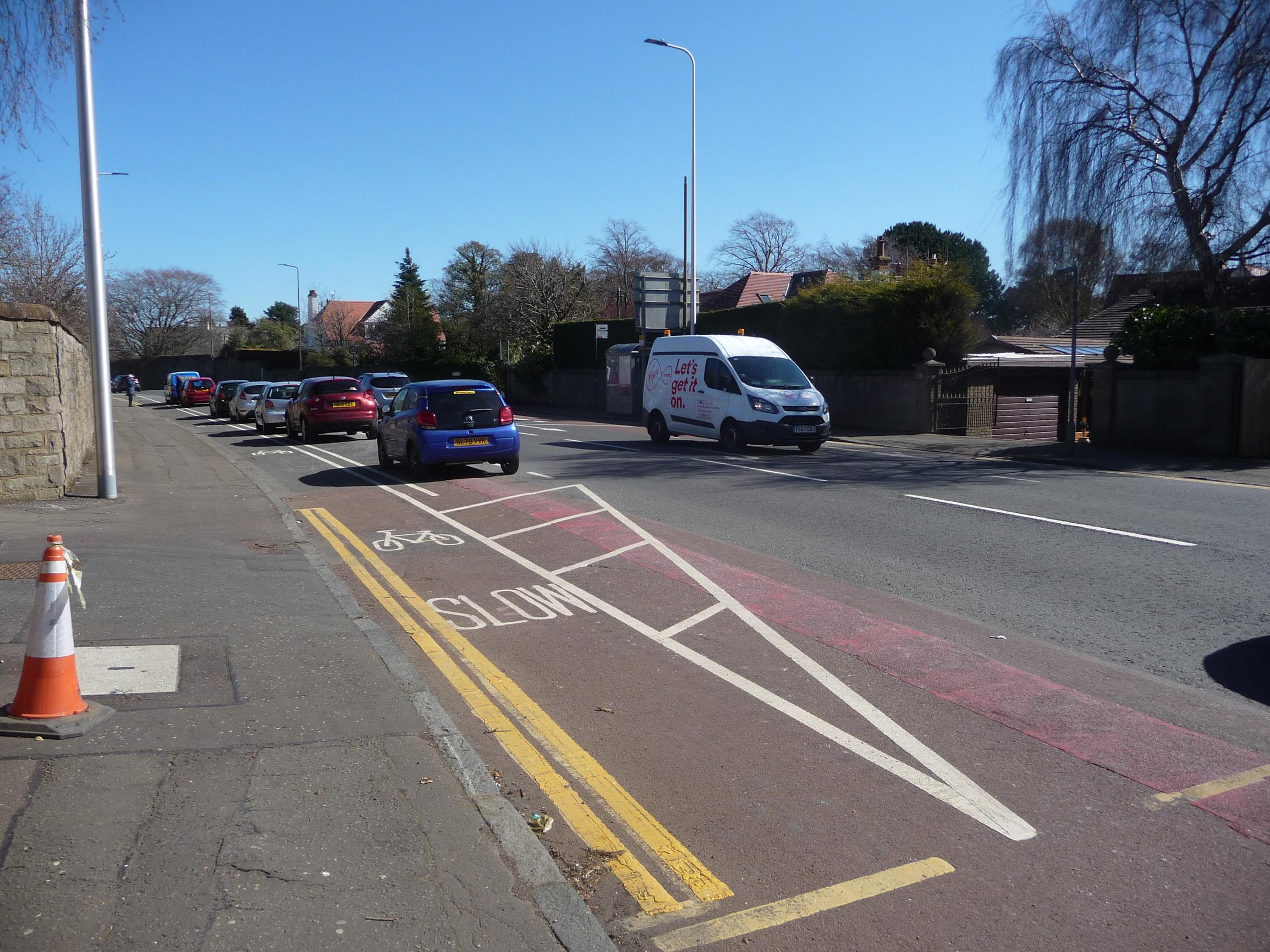 To install the cycle lane on the A70 Lanark Road in southwest Edinburgh, ‘floating’ parking bays have been created. The road’s speed limit has been cut from 40 to 30mph