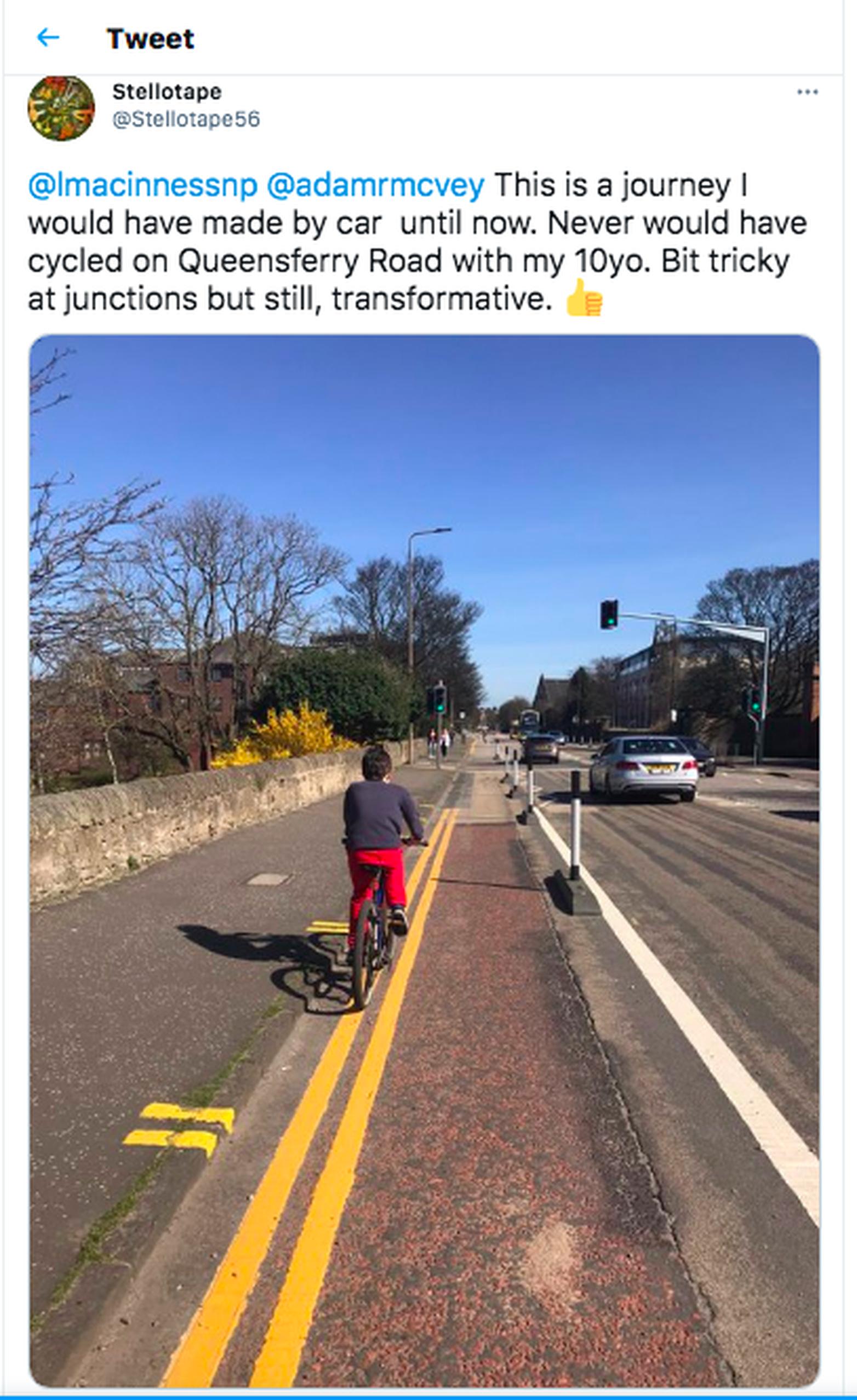 This cyclist Tweeted their delight about a temporary cycle lane to SNP council leader Adam McVey and transport and environment committee chair Lesley Macinness