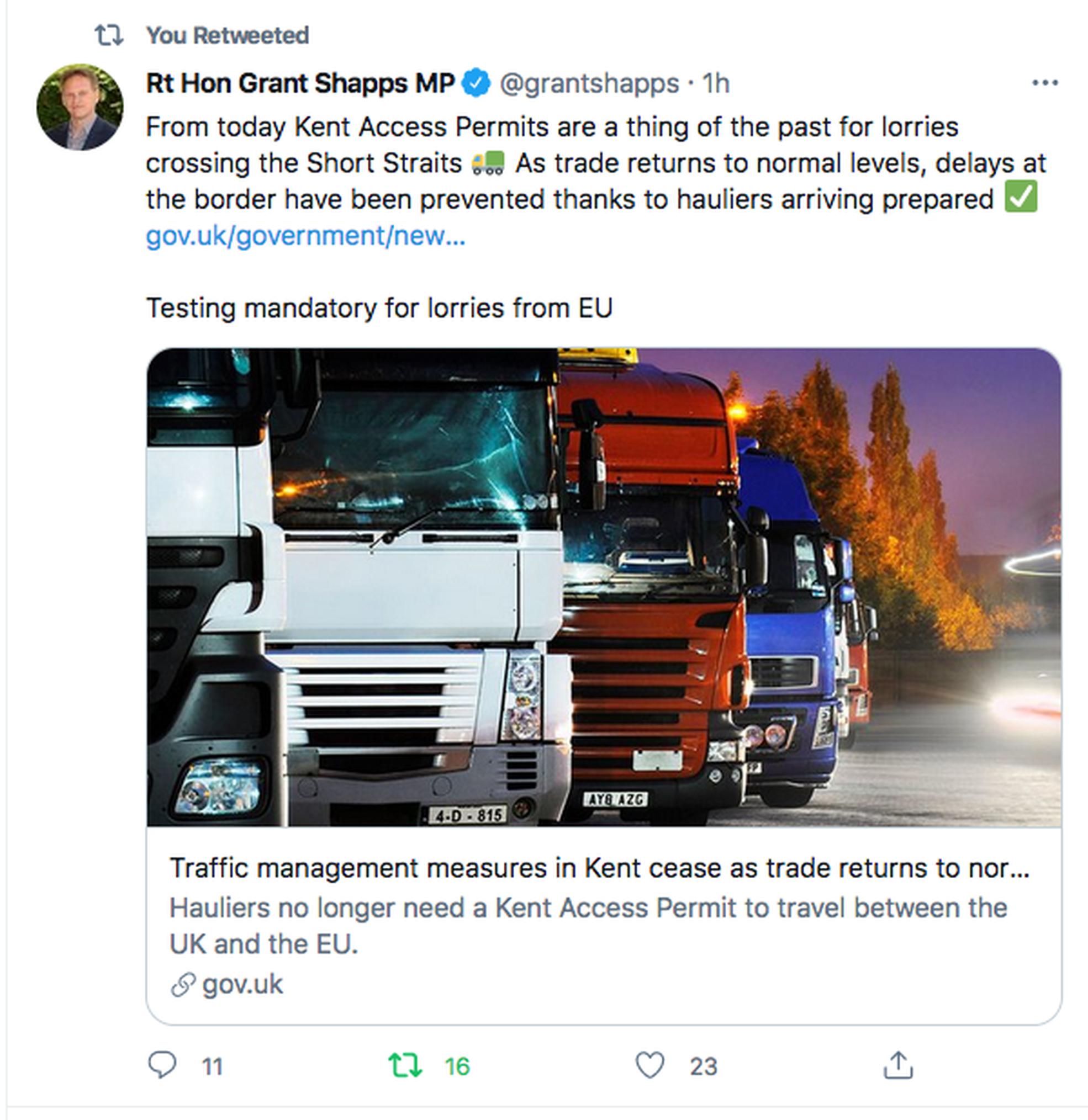 How transport secretary Grant Shapps announced the end of the Kent Access Permit regime via Twitter