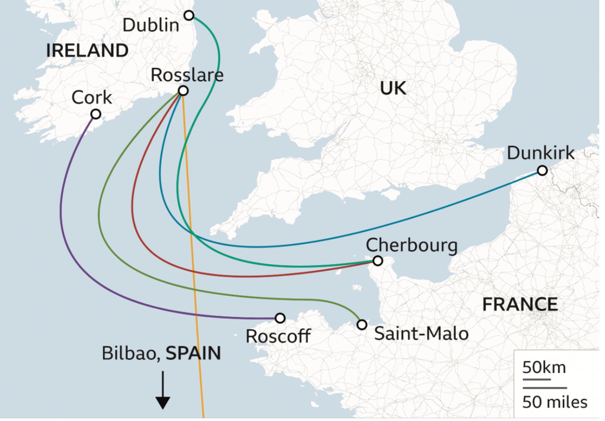 New ferry routes, connecting ports in Ireland to ports in Portugal, Spain, France, Netherlands, Belgium and Germany, as a substitute for the ‘land-bridge’ through the UK. There are obvious non-trivial implications for ports, road traffic and services in Wales and England. Image © BBC
